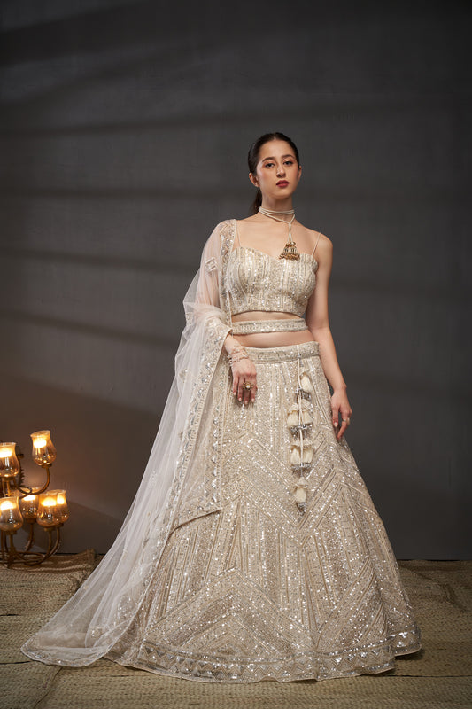 Cream Net Cutdana, Sequins and Zarkan embroidery Lehenga