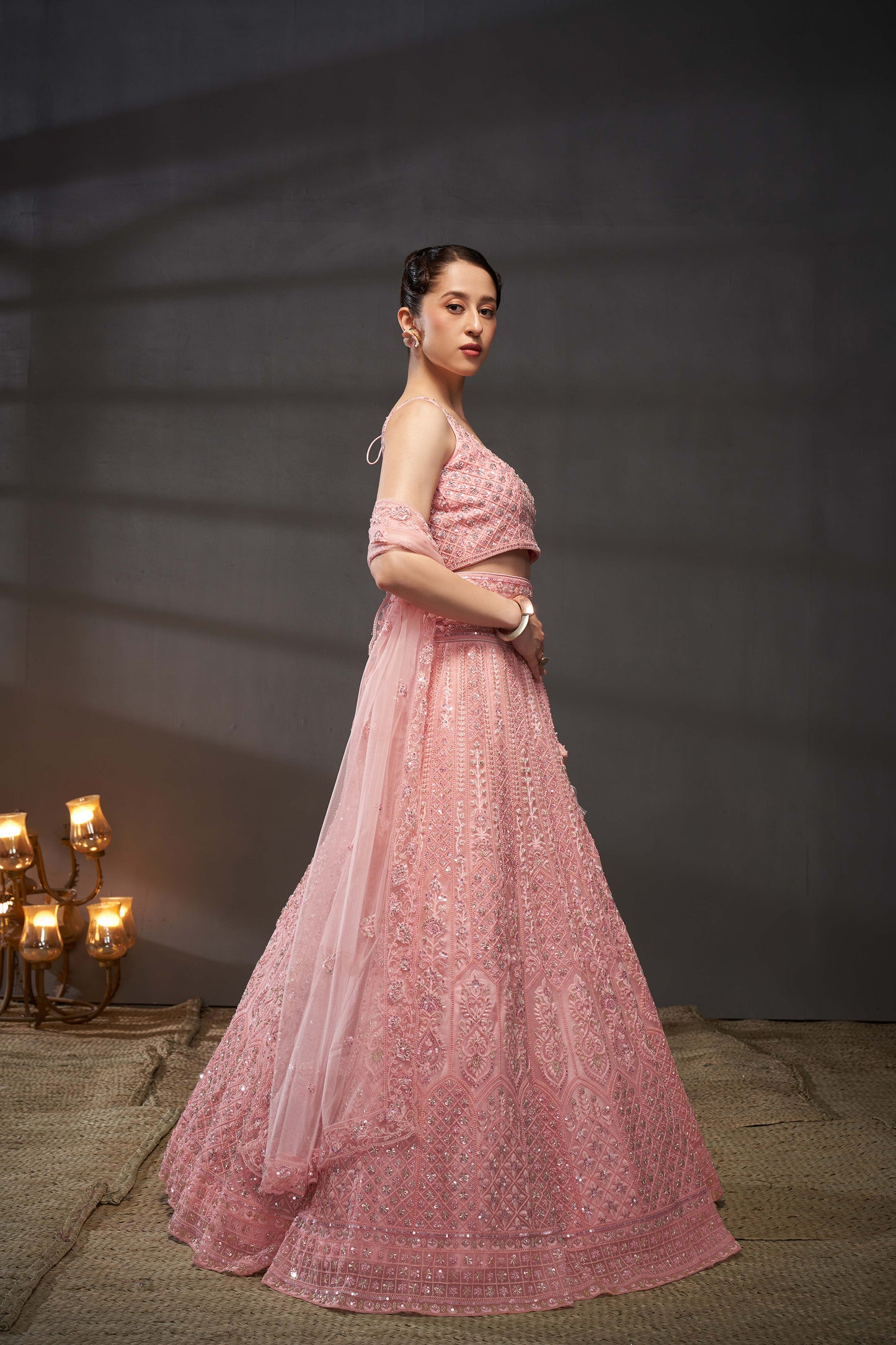 Pink Net Cutdana, Sequins and Zarkan embroidery Lehenga