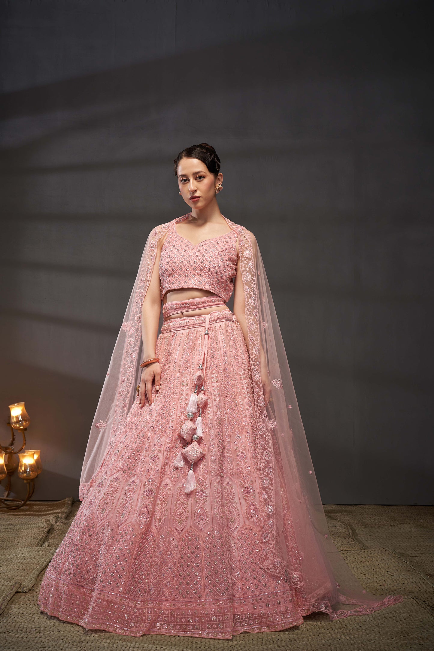 Pink Net Cutdana, Sequins and Zarkan embroidery Lehenga