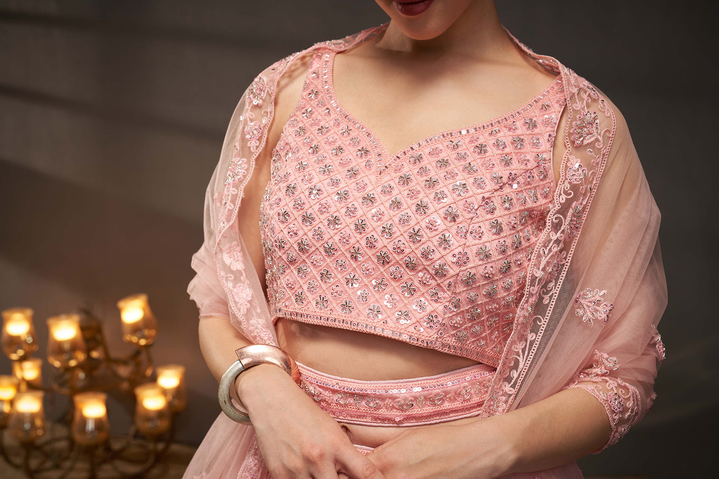 Pink Net Cutdana, Sequins and Zarkan embroidery Lehenga