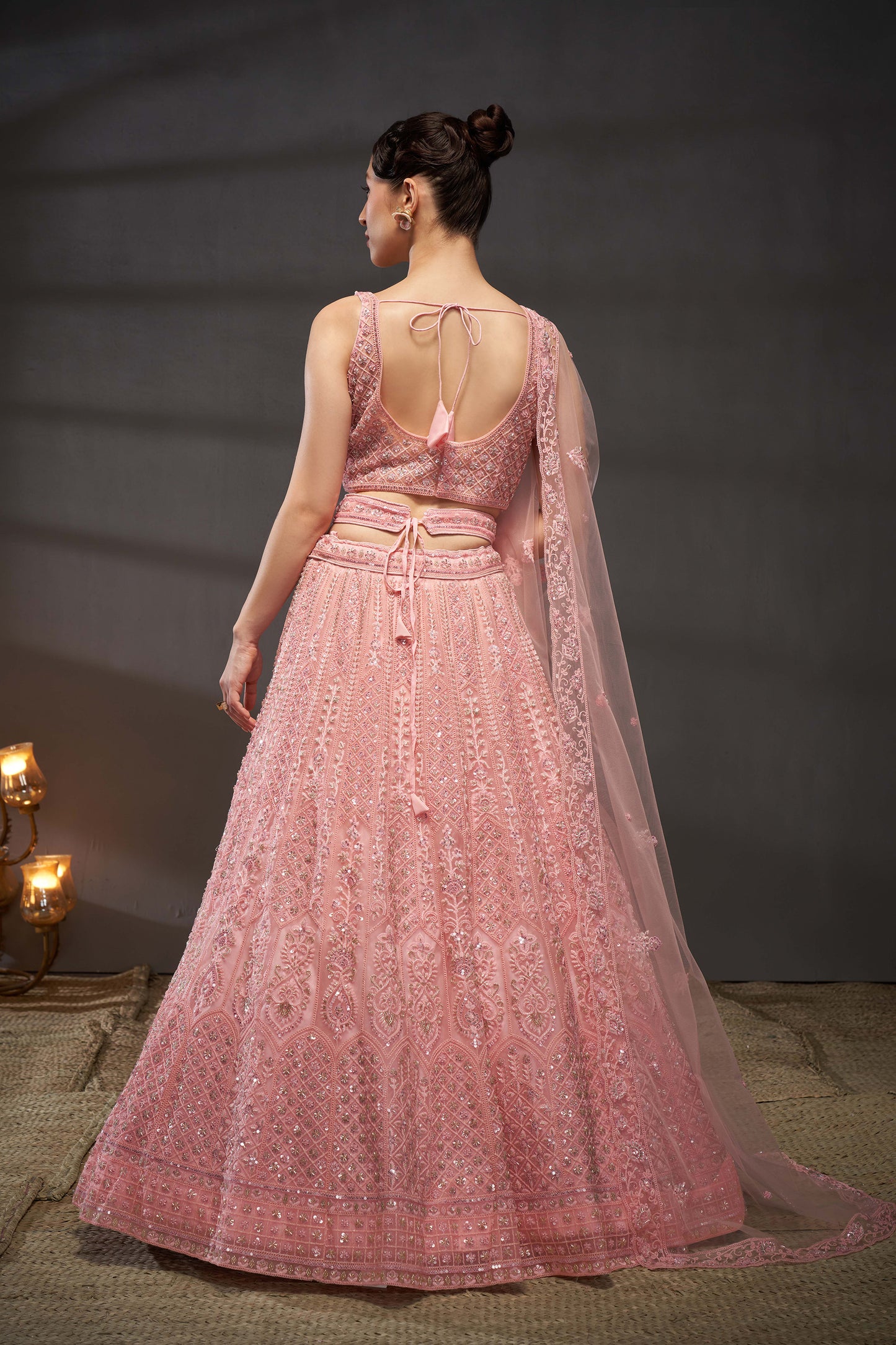 Pink Net Cutdana, Sequins and Zarkan embroidery Lehenga