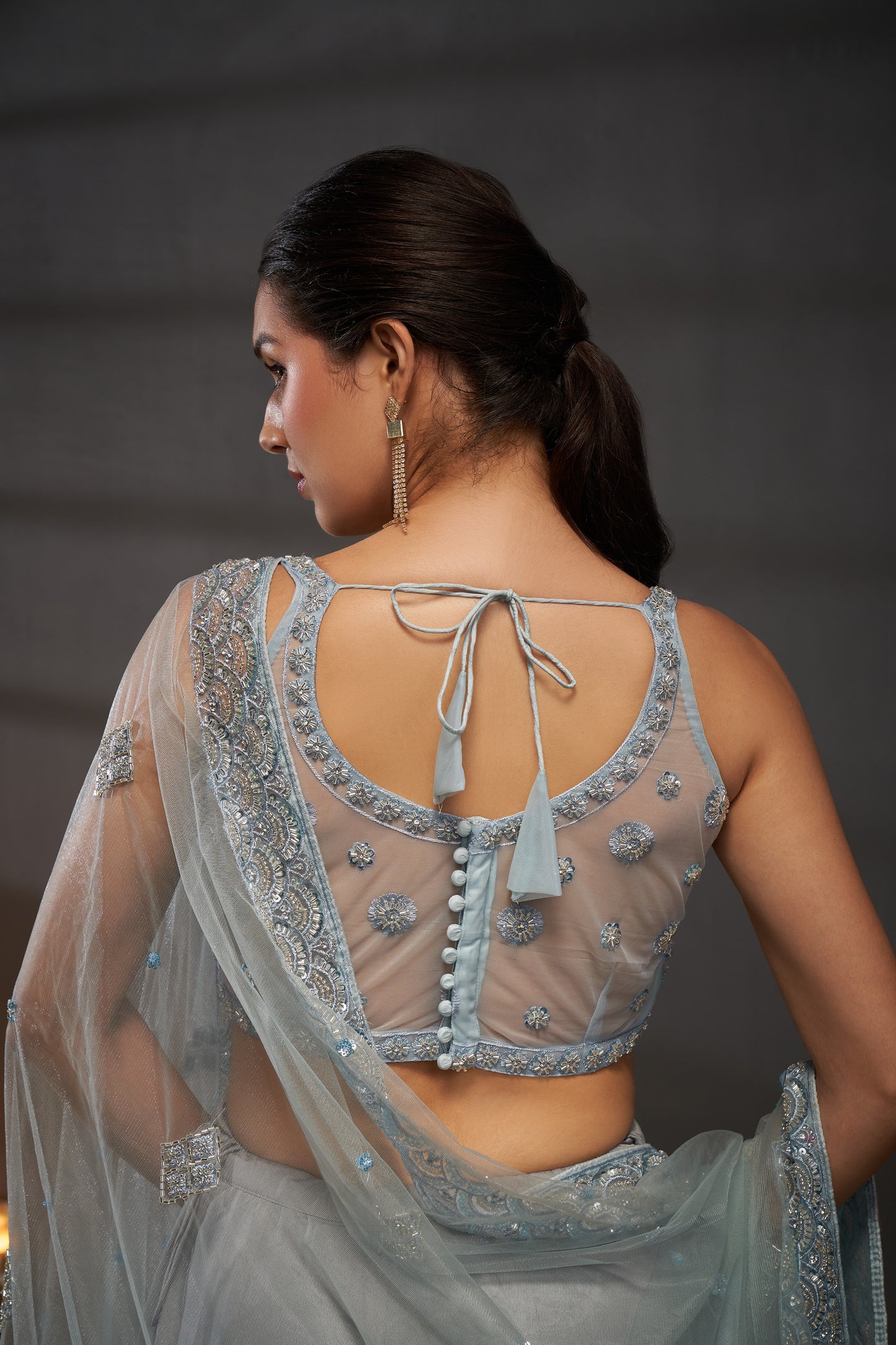 Grey Net Cutdana, Sequins and Zarkan embroidery Lehenga