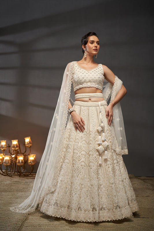 Cream Net Cutdana, Sequins and Zarkan embroidery Lehenga