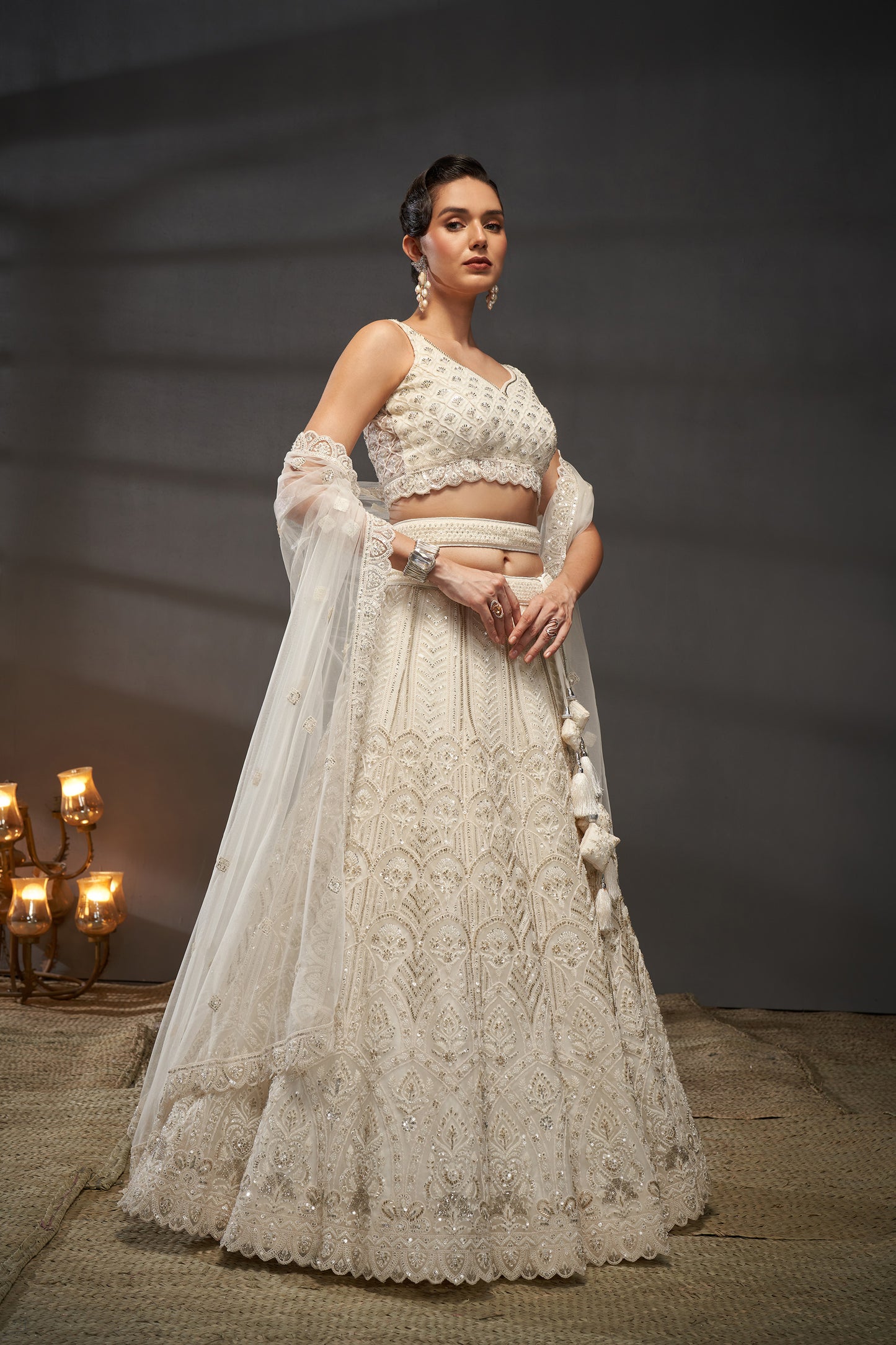 Cream Net Cutdana, Sequins and Zarkan embroidery Lehenga