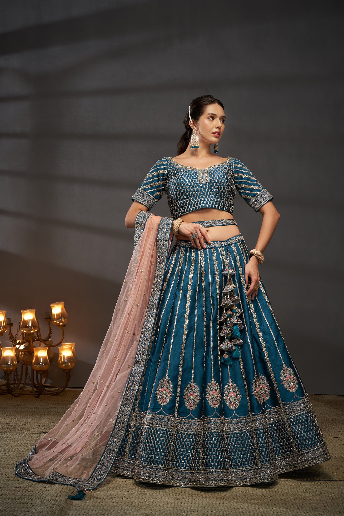 Teal Pure Silk Moti, Zarkan & heavy Sequin embroidery Bridal Lehenga choli