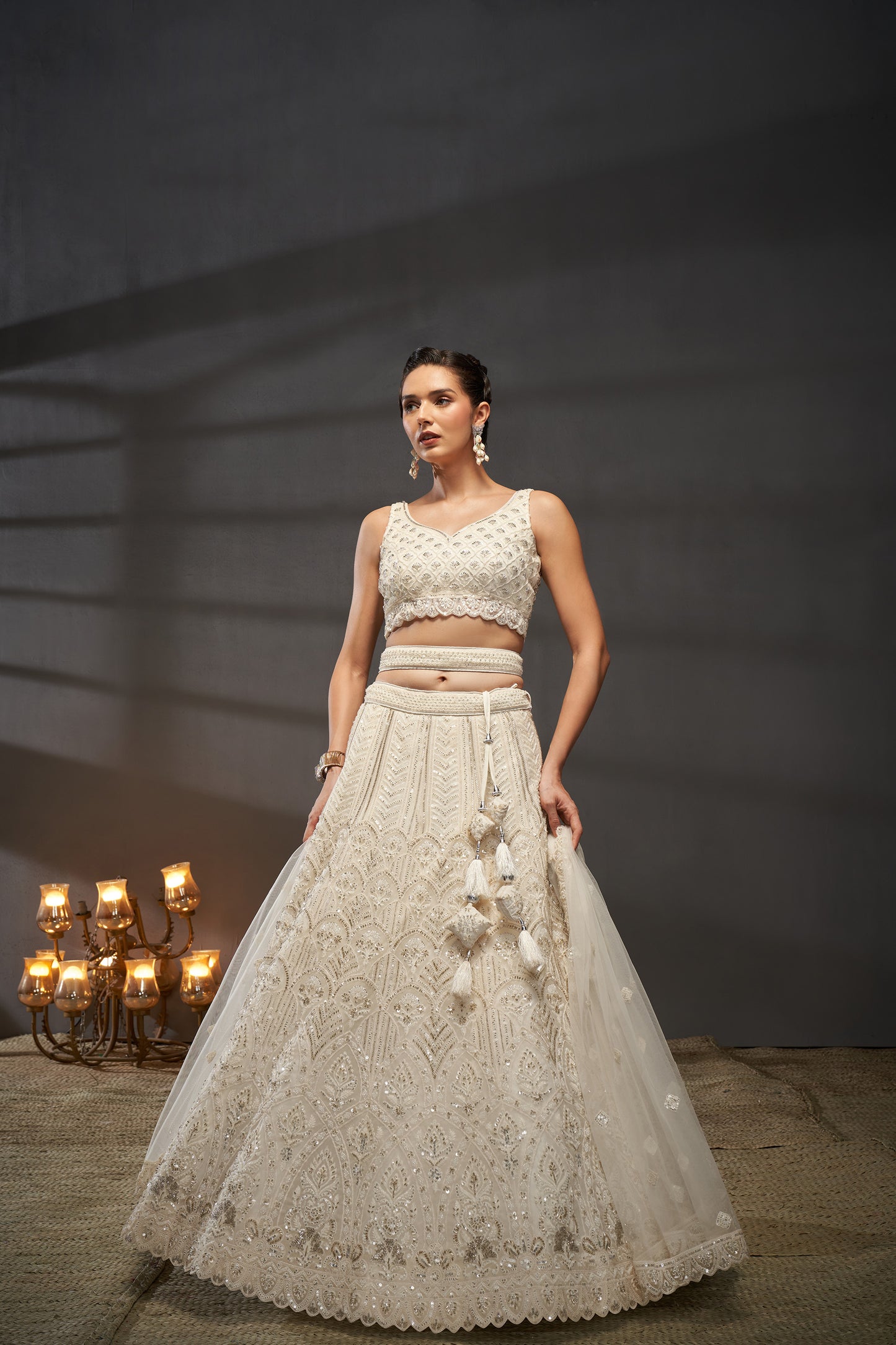 Cream Net Cutdana, Sequins and Zarkan embroidery Lehenga