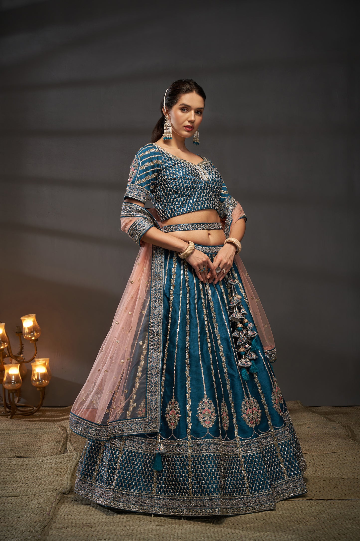 Teal Pure Silk Moti, Zarkan & heavy Sequin embroidery Bridal Lehenga choli