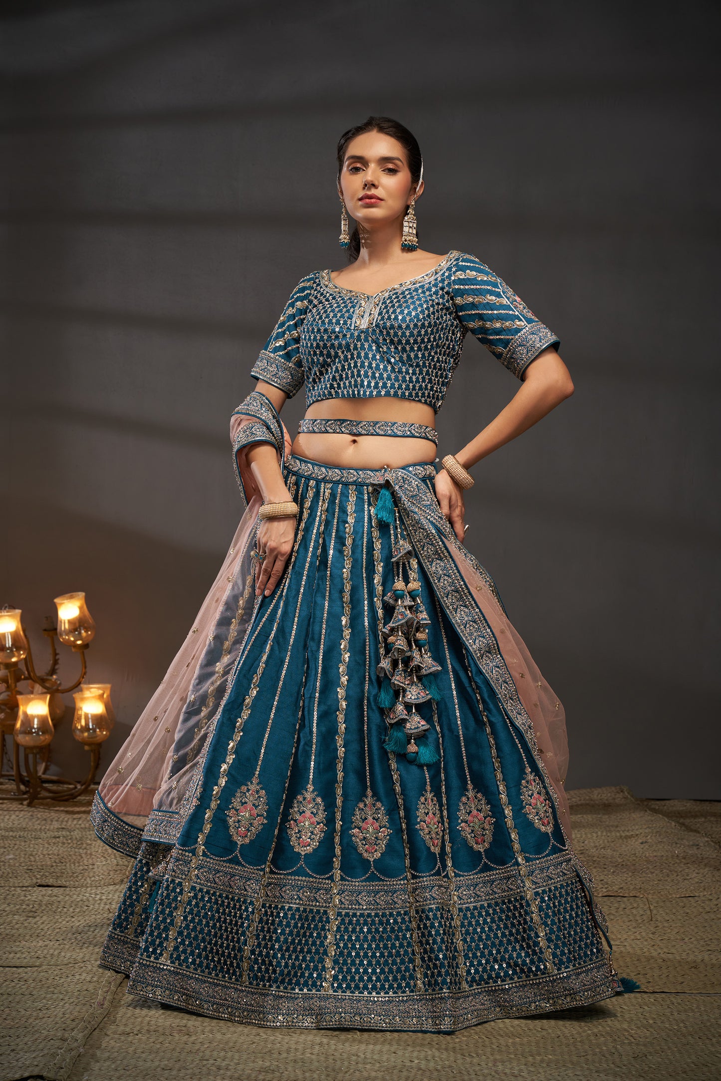 Teal Pure Silk Moti, Zarkan & heavy Sequin embroidery Bridal Lehenga choli