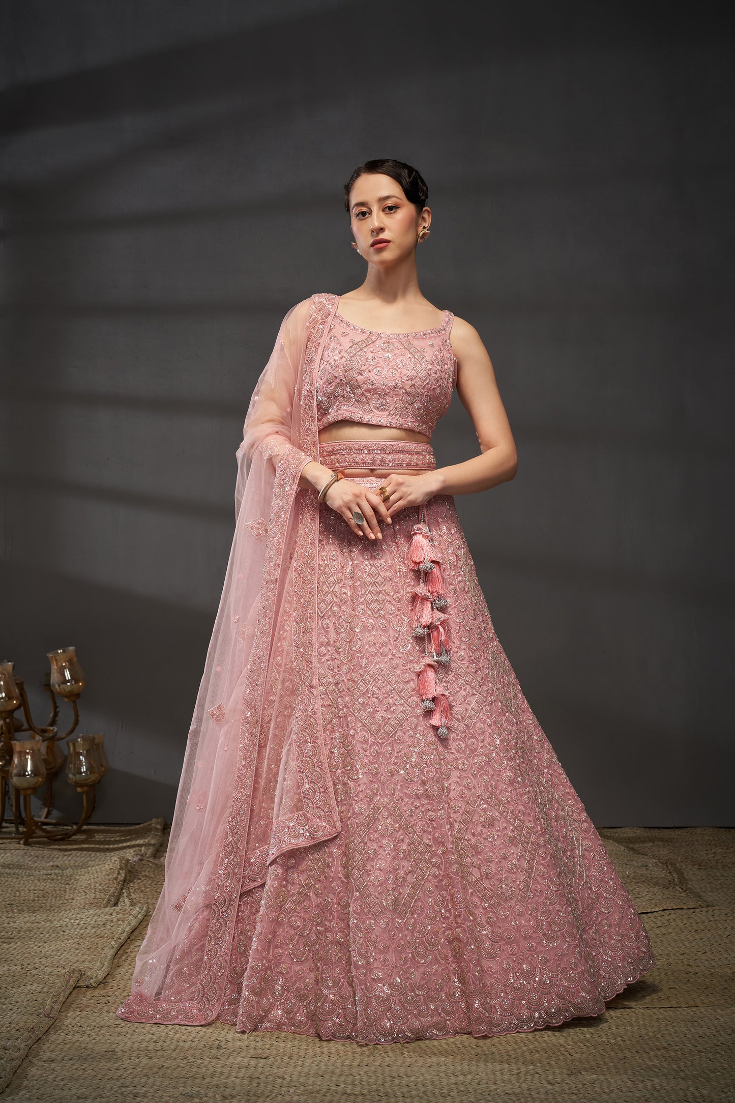 Pink Net Cutdana, Sequins and Zarkan embroidery Lehenga