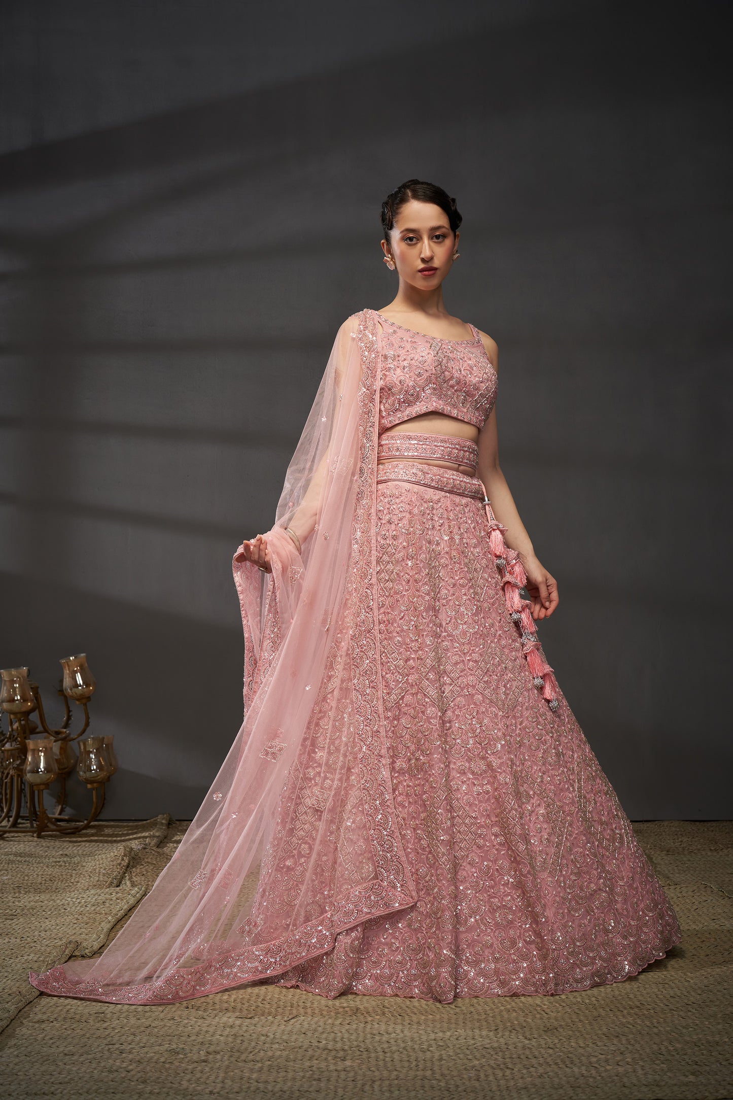 Pink Net Cutdana, Sequins and Zarkan embroidery Lehenga