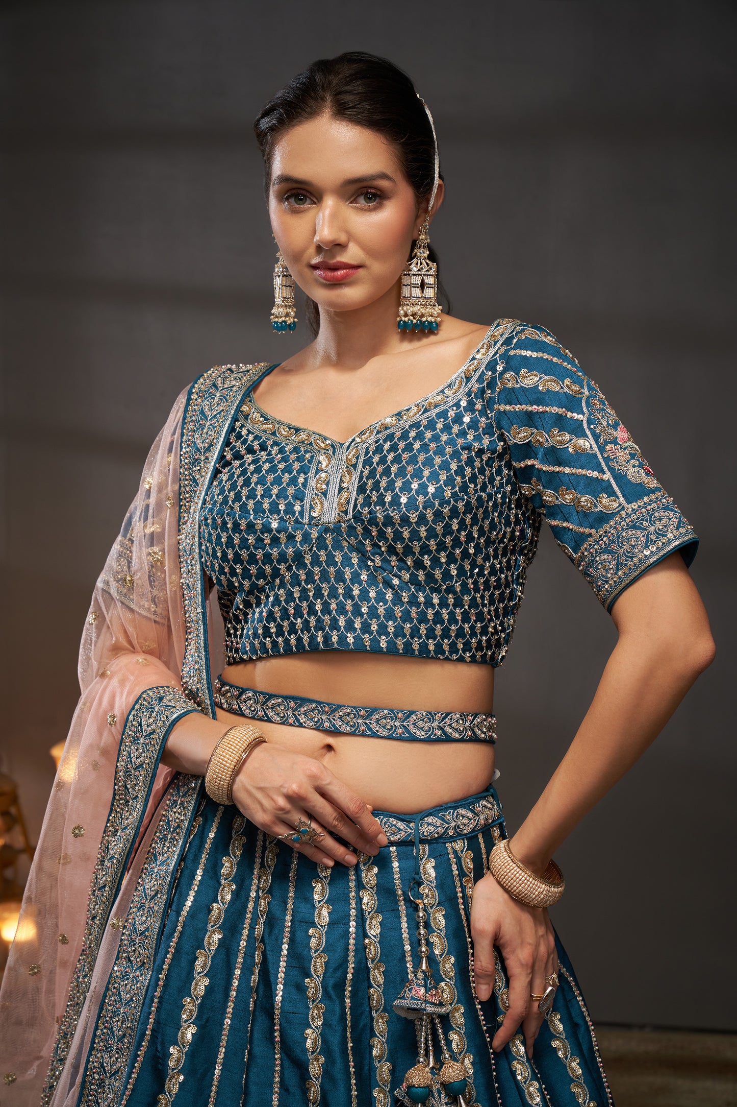 Teal Pure Silk Moti, Zarkan & heavy Sequin embroidery Bridal Lehenga choli