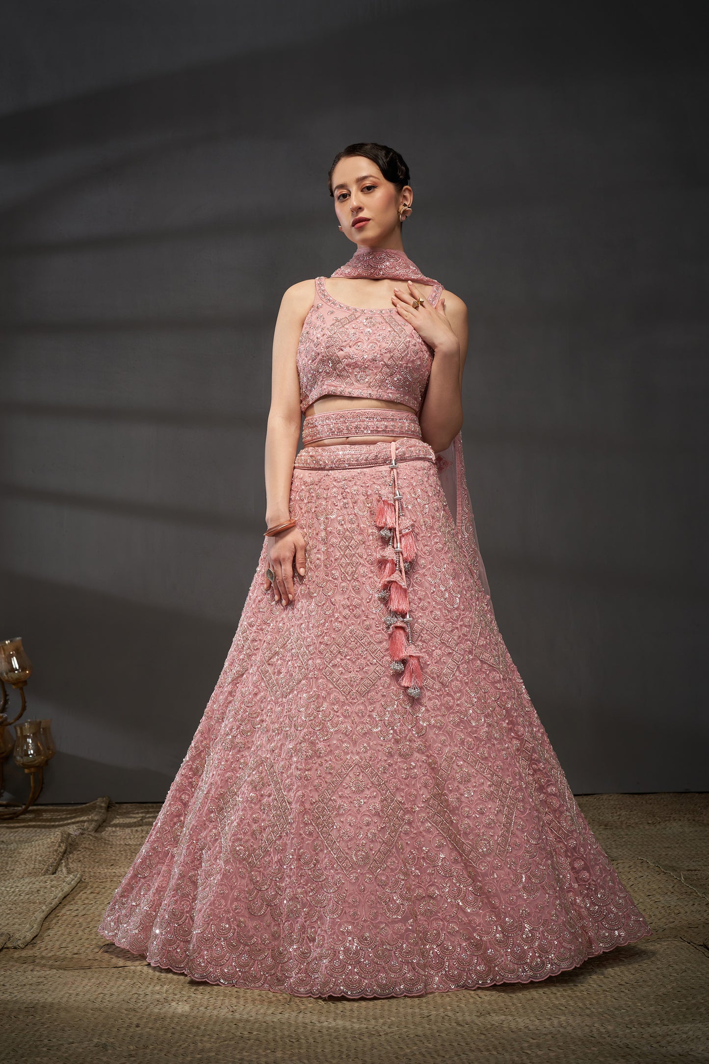 Pink Net Cutdana, Sequins and Zarkan embroidery Lehenga