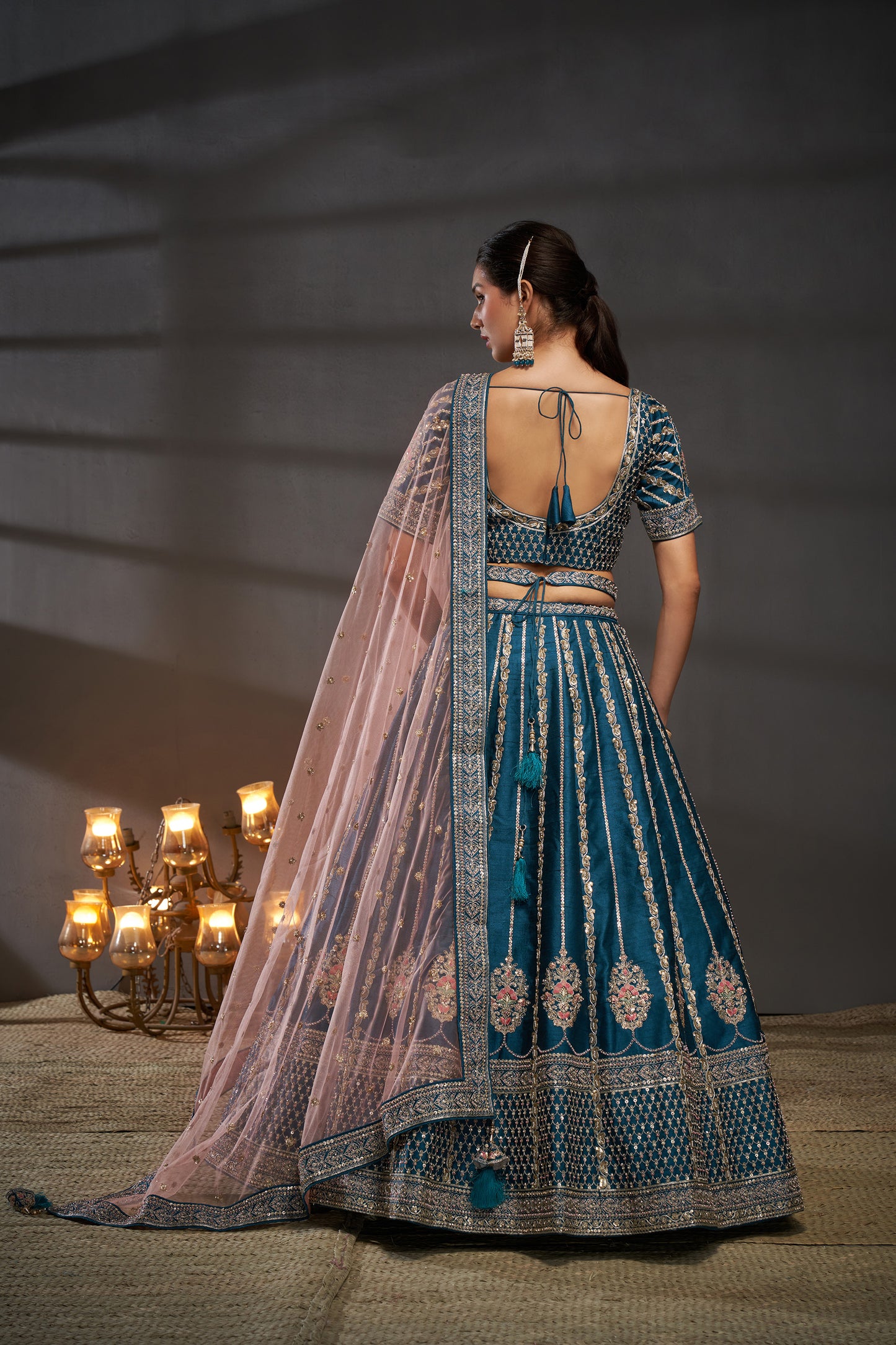 Teal Pure Silk Moti, Zarkan & heavy Sequin embroidery Bridal Lehenga choli