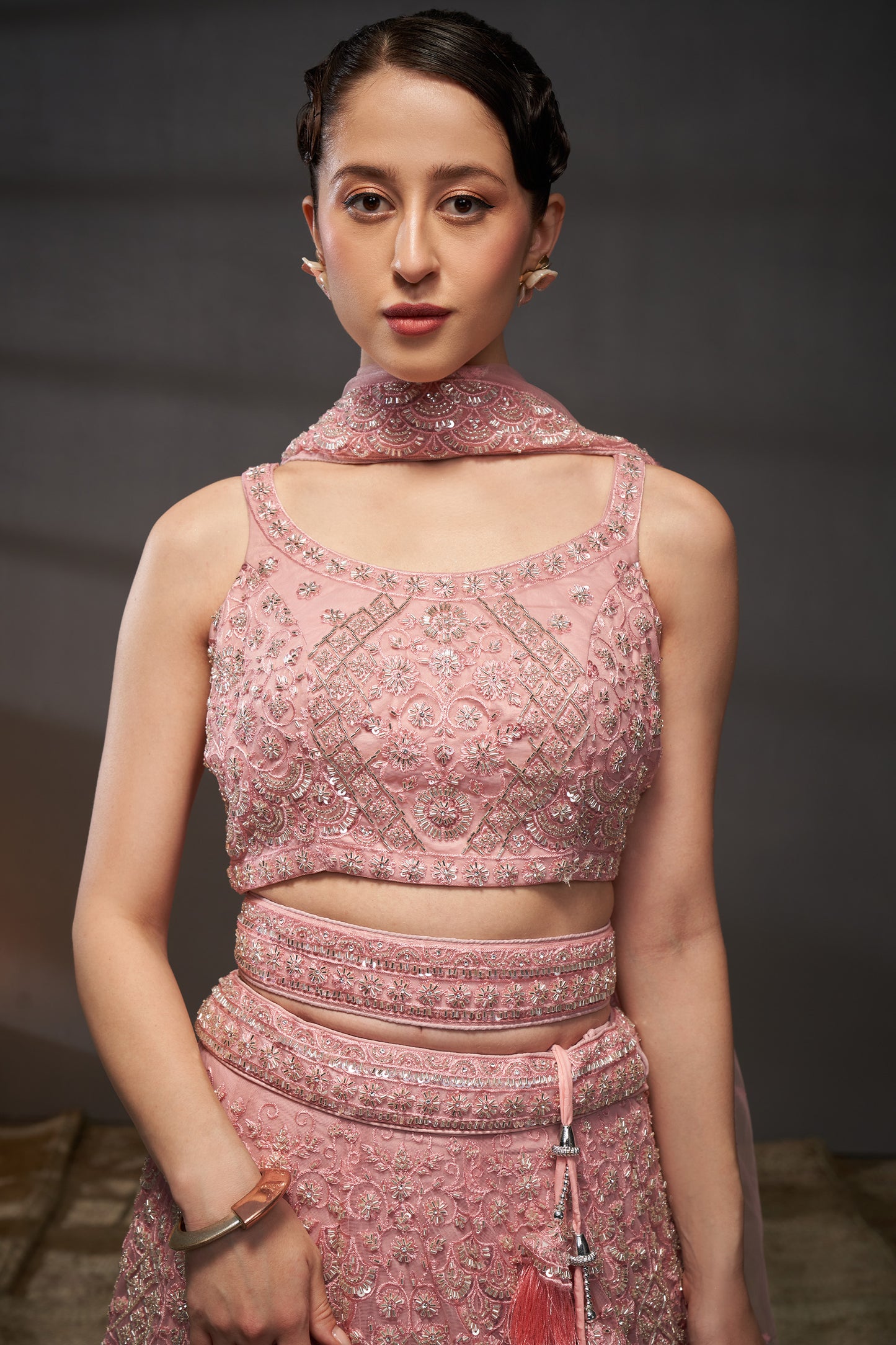 Pink Net Cutdana, Sequins and Zarkan embroidery Lehenga