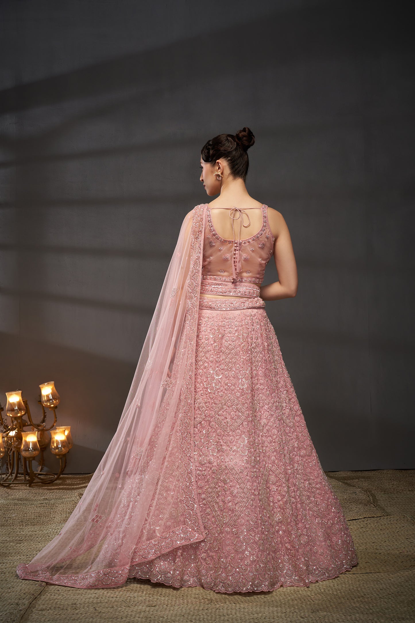 Pink Net Cutdana, Sequins and Zarkan embroidery Lehenga