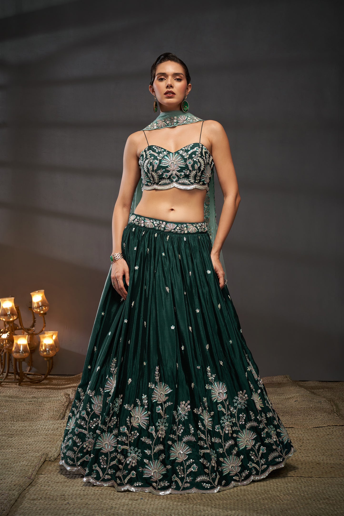 Green Pure Chiffon Sequins embroidery Lehenga choli