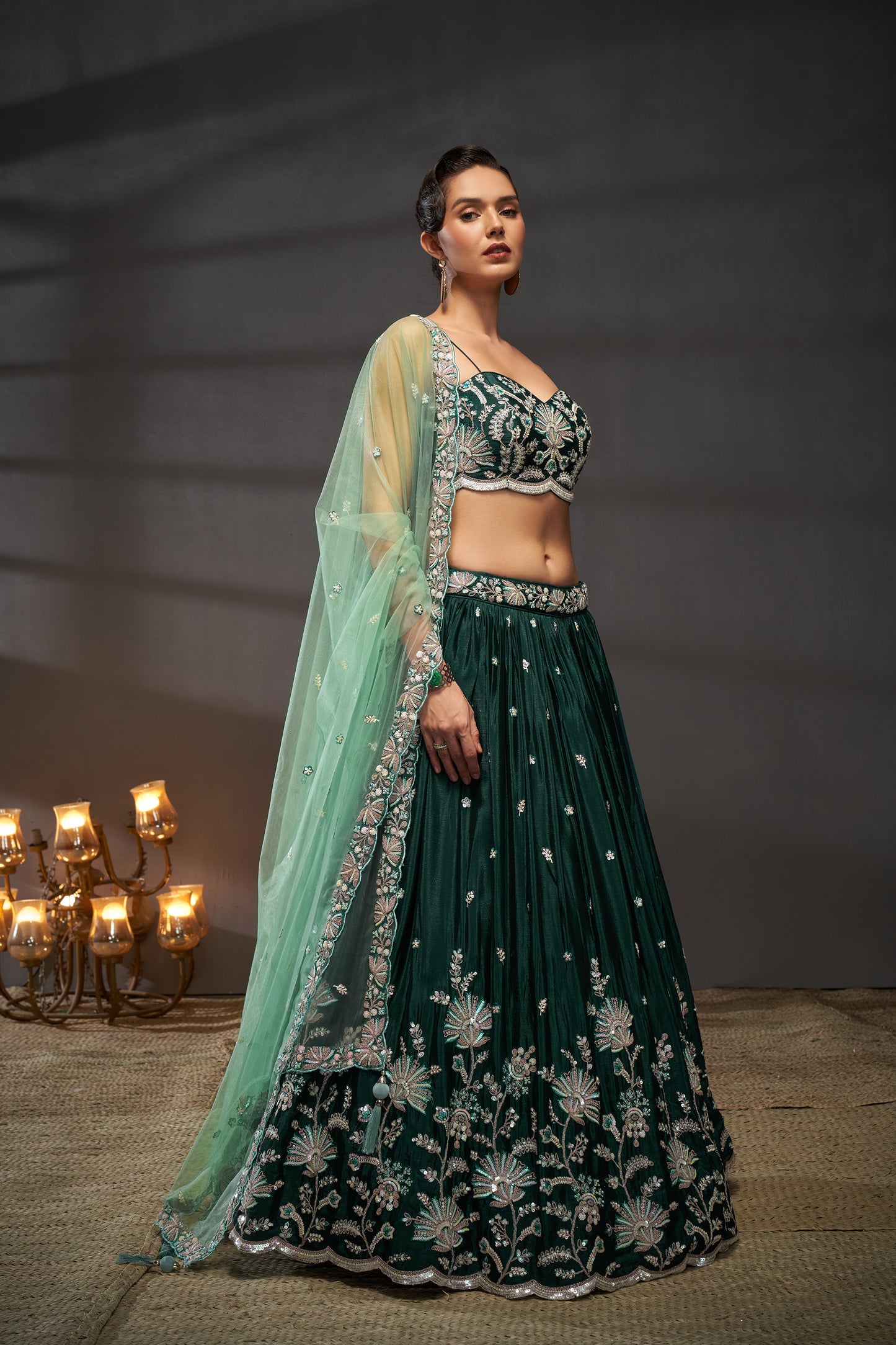 Green Pure Chiffon Sequins embroidery Lehenga choli