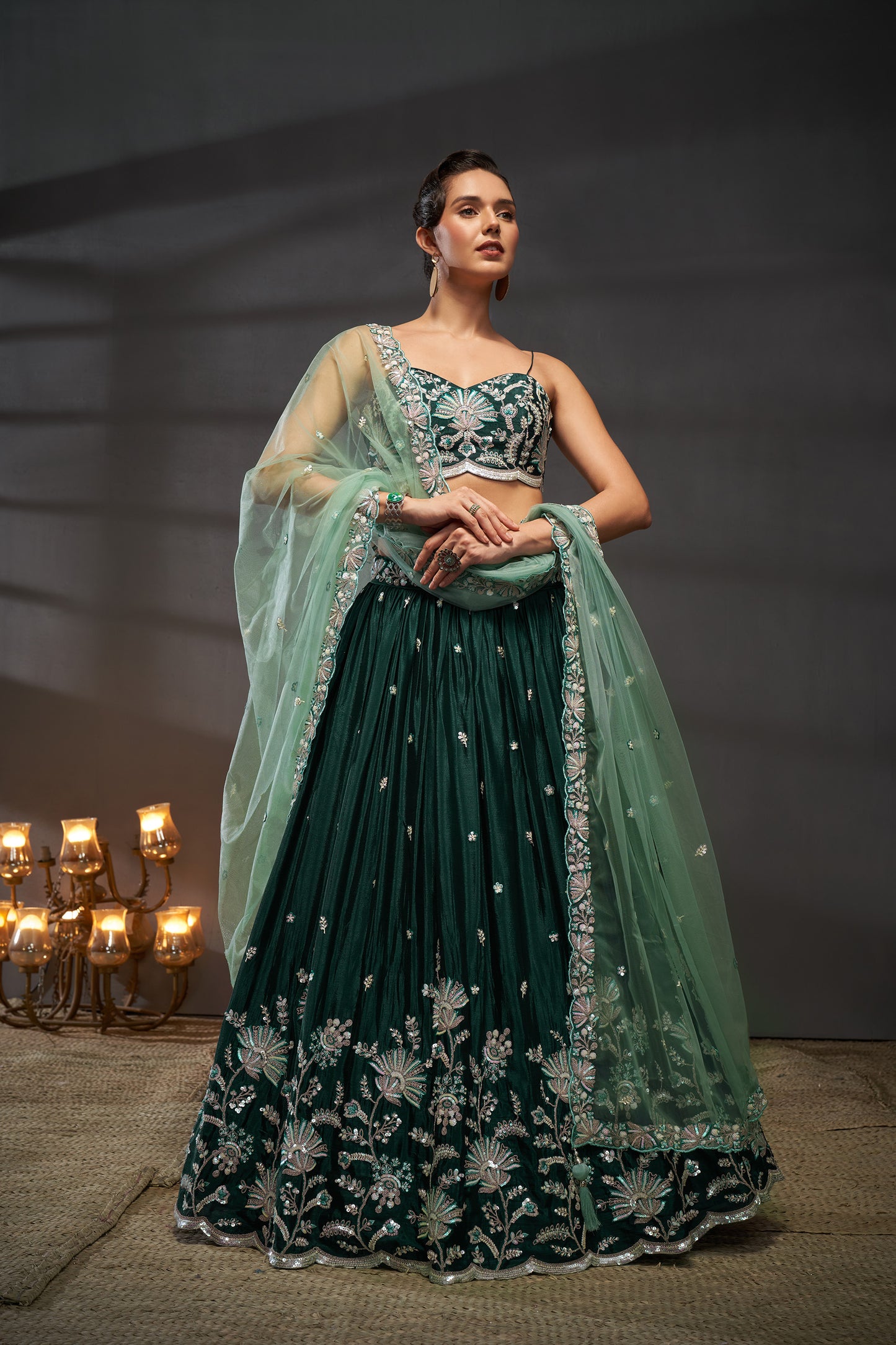 Green Pure Chiffon Sequins embroidery Lehenga choli