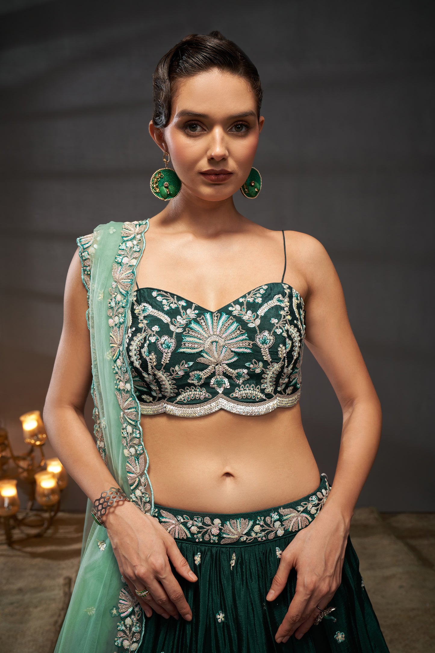 Green Pure Chiffon Sequins embroidery Lehenga choli