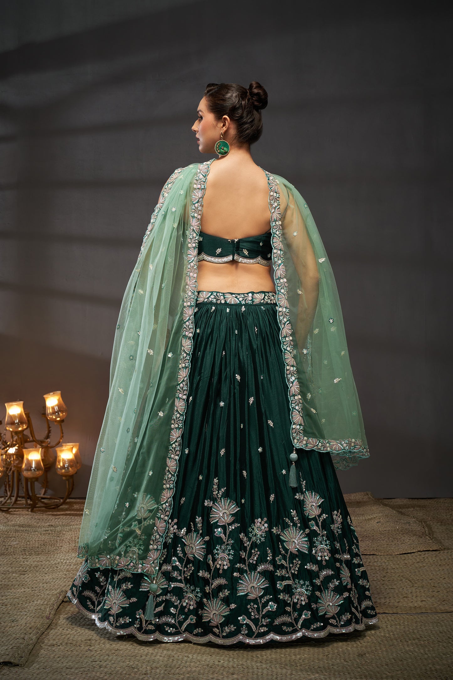 Green Pure Chiffon Sequins embroidery Lehenga choli