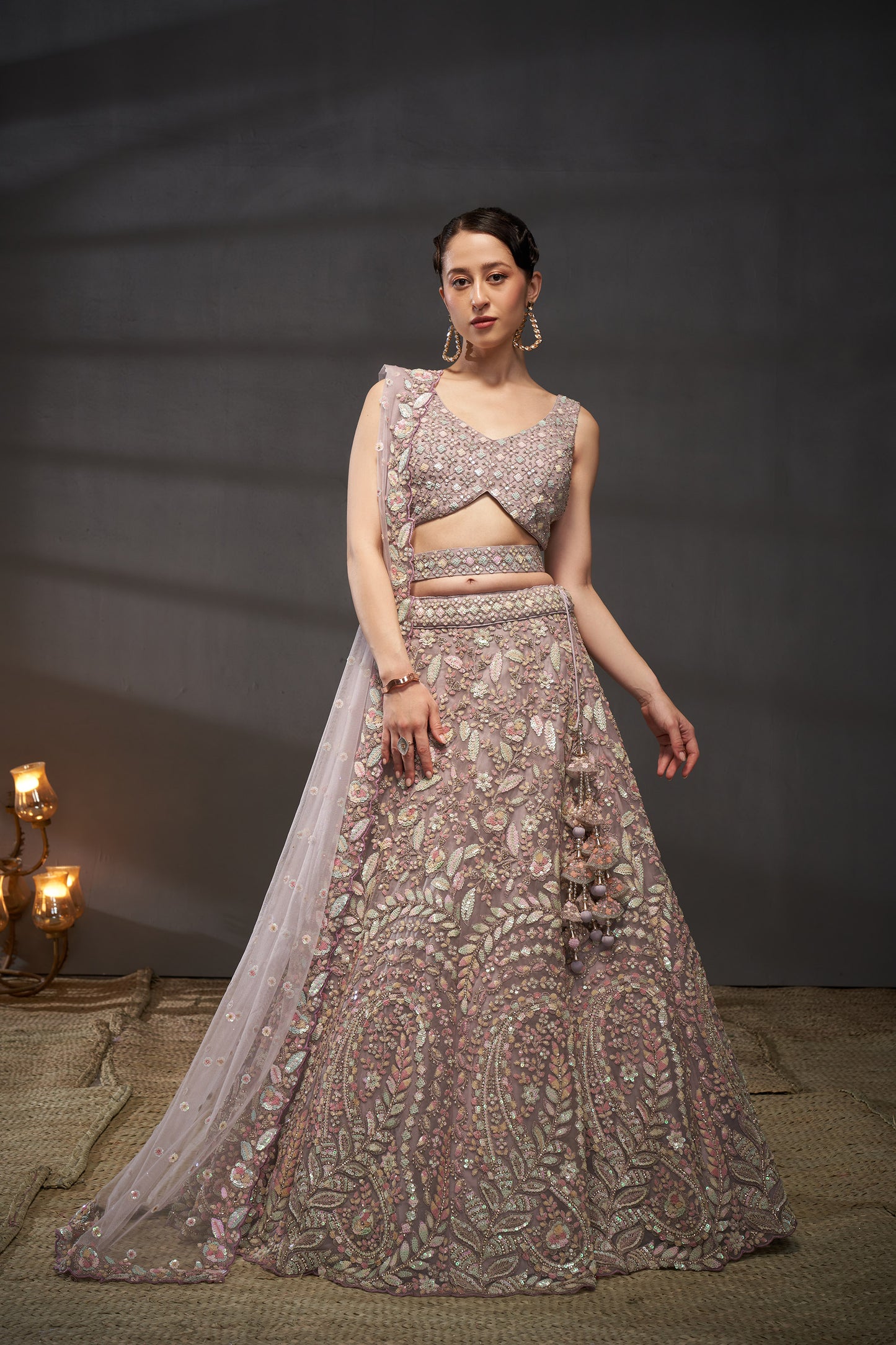 Mauve Net Multi Sequins Embroidery Bridesmaid Lehenga