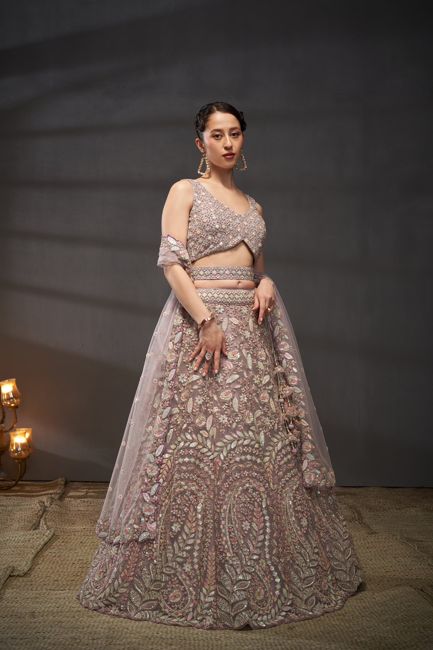 Mauve Net Multi Sequins Embroidery Bridesmaid Lehenga