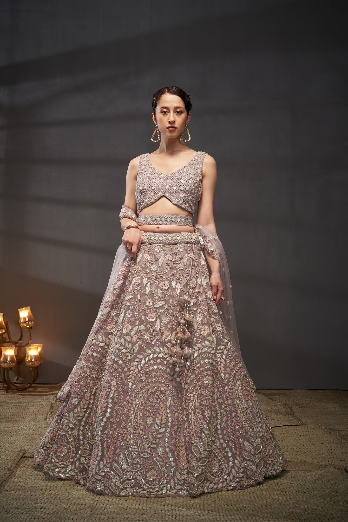 Mauve Net Multi Sequins Embroidery Bridesmaid Lehenga