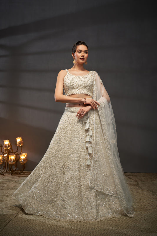 Cream Net Cutdana, Sequins and Zarkan embroidery Lehenga