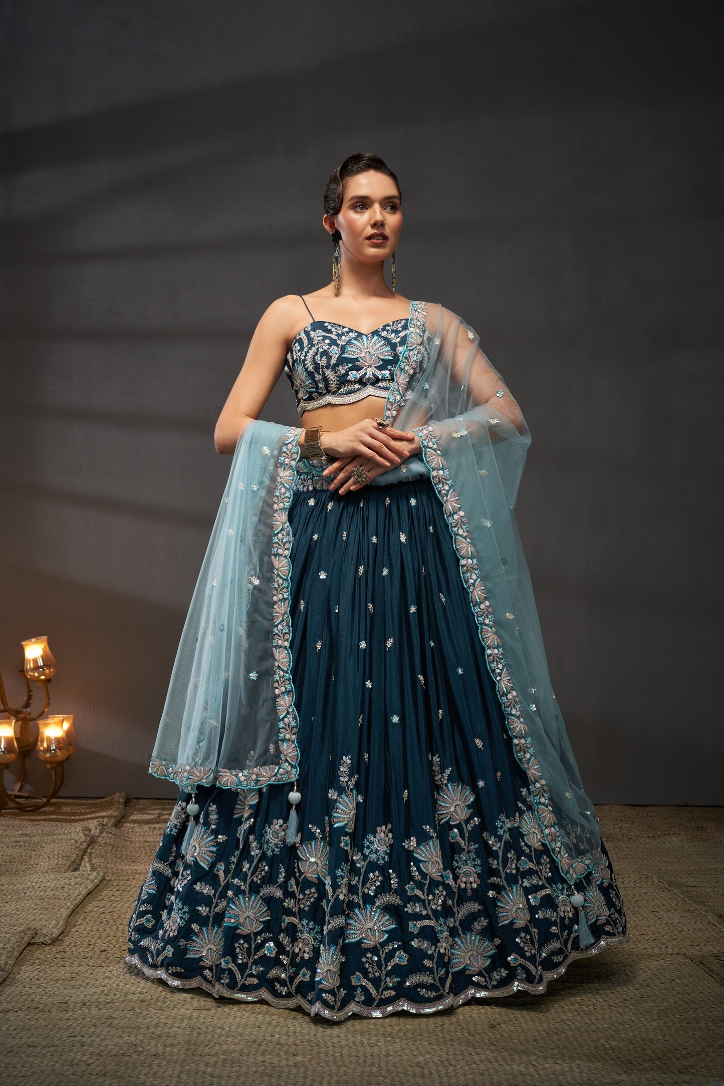 Teal Pure Chiffon Sequins embroidery Lehenga choli