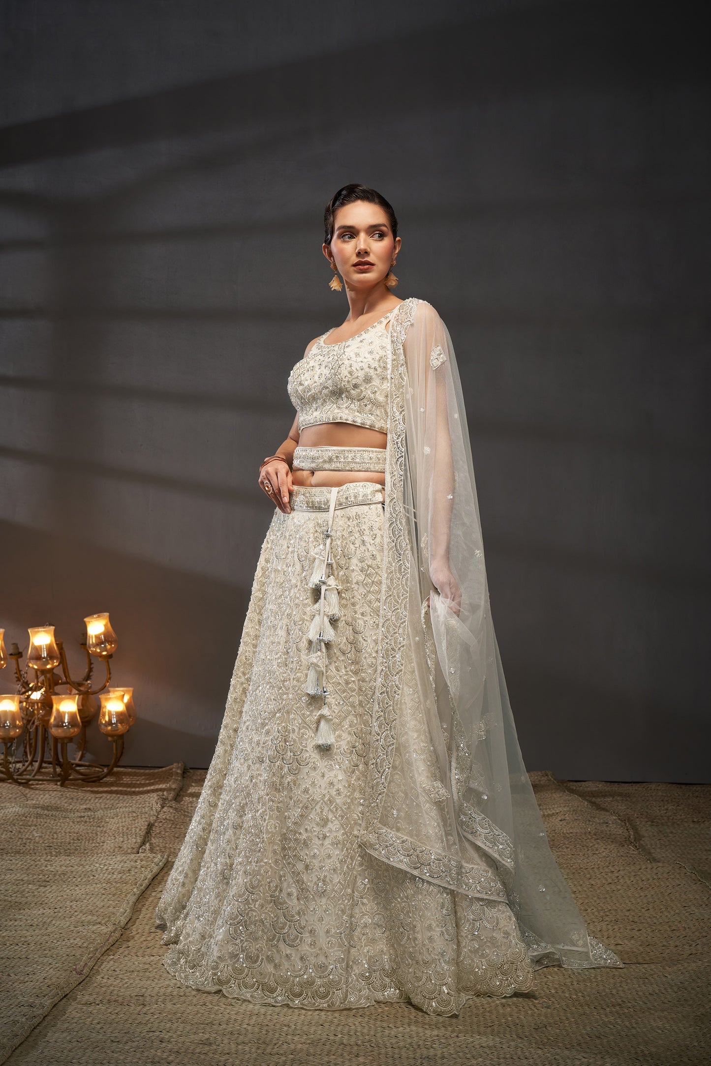 Cream Net Cutdana, Sequins and Zarkan embroidery Lehenga