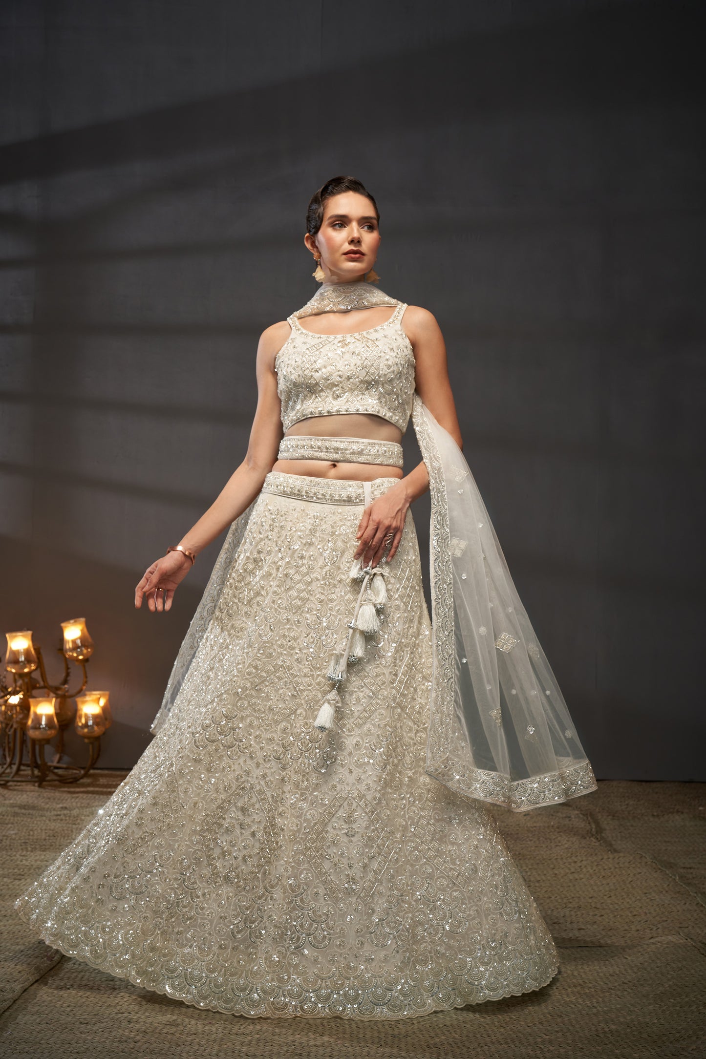 Cream Net Cutdana, Sequins and Zarkan embroidery Lehenga