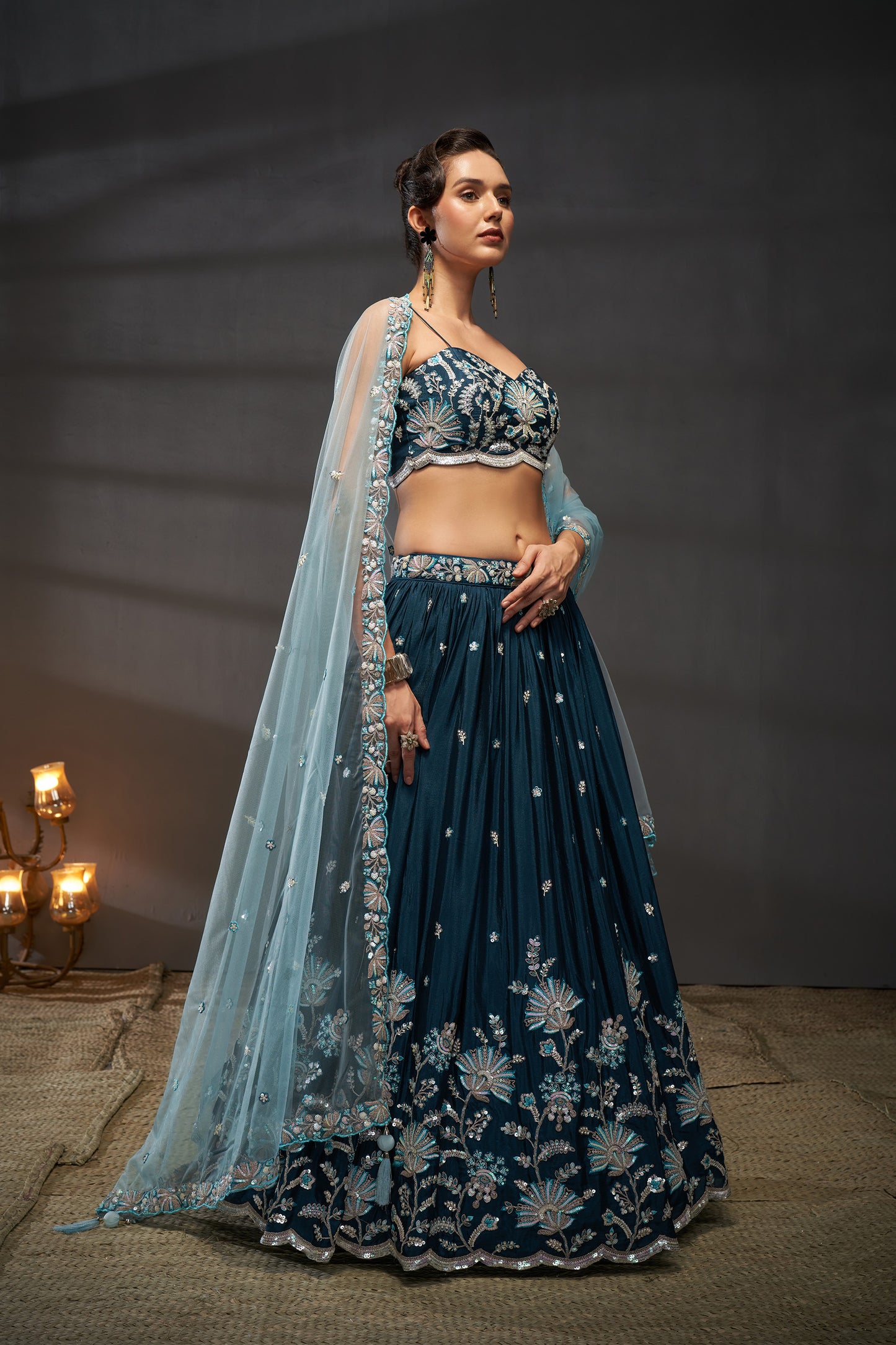 Teal Pure Chiffon Sequins embroidery Lehenga choli