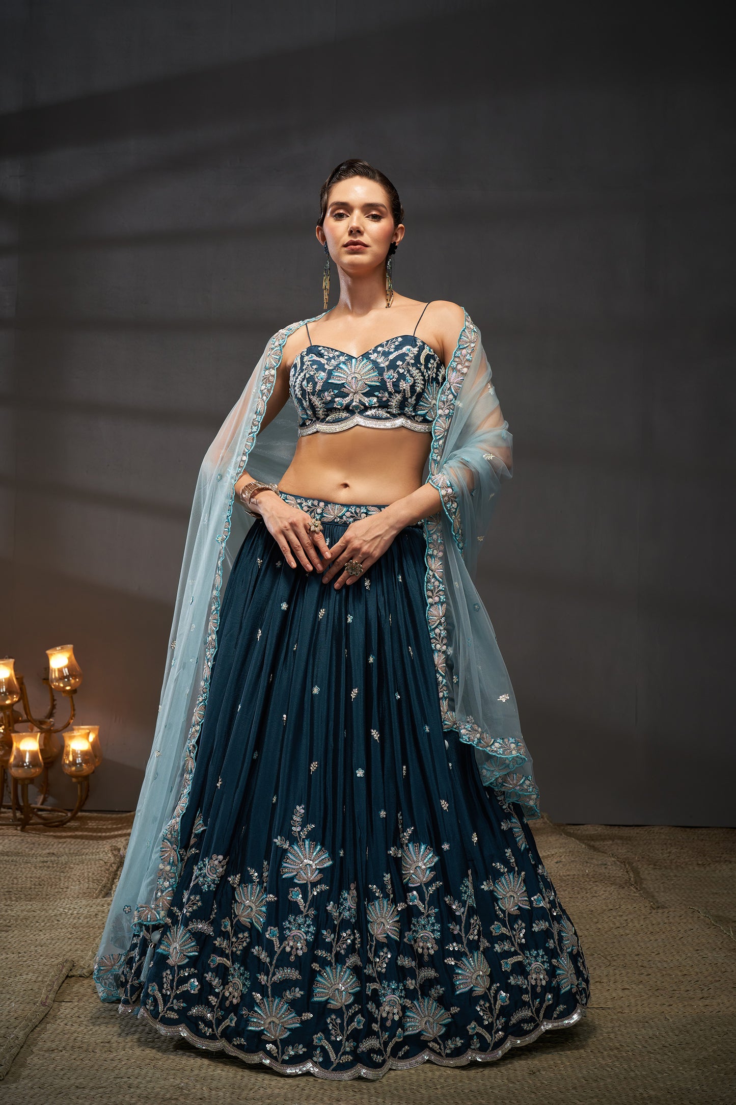 Teal Pure Chiffon Sequins embroidery Lehenga choli