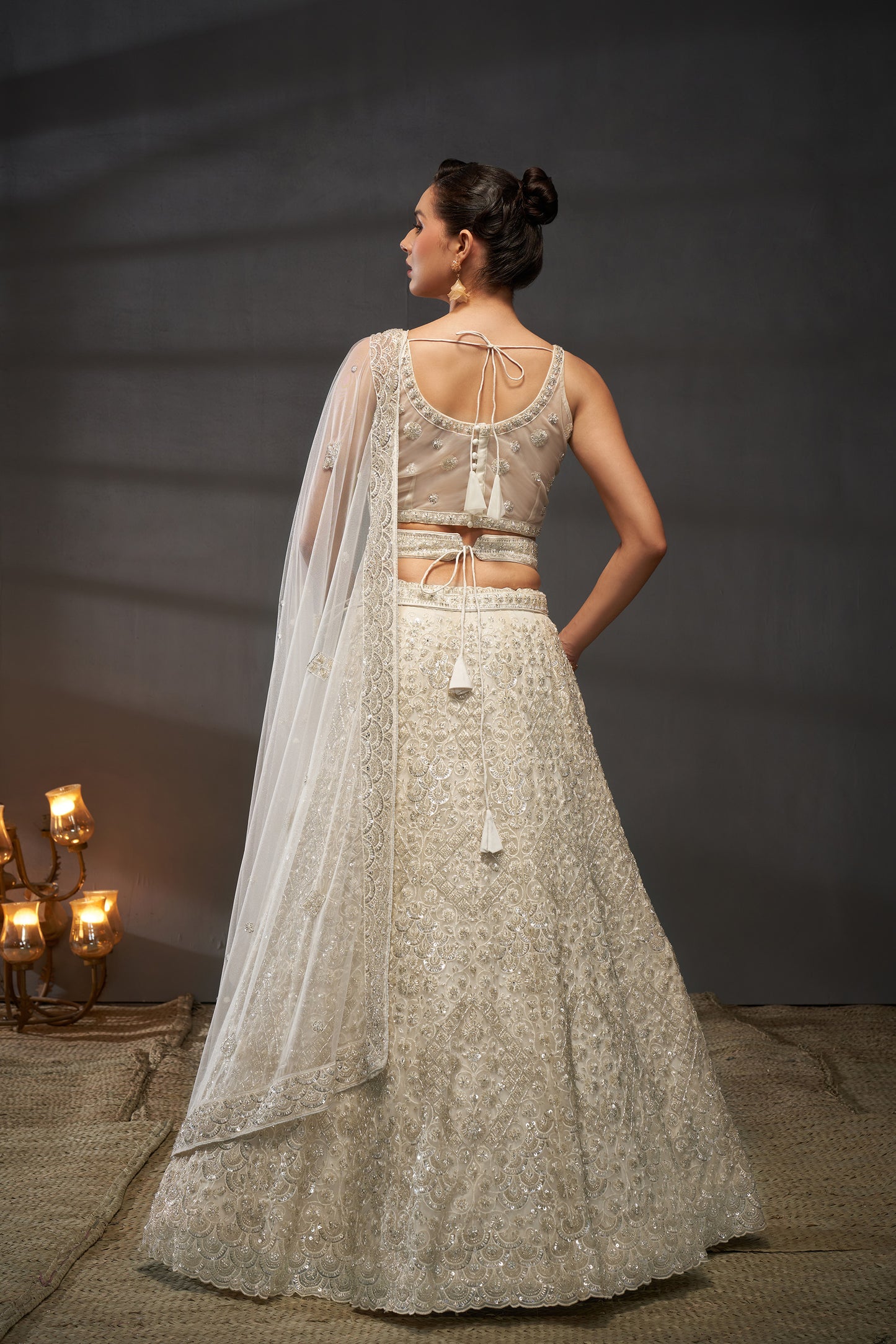 Cream Net Cutdana, Sequins and Zarkan embroidery Lehenga