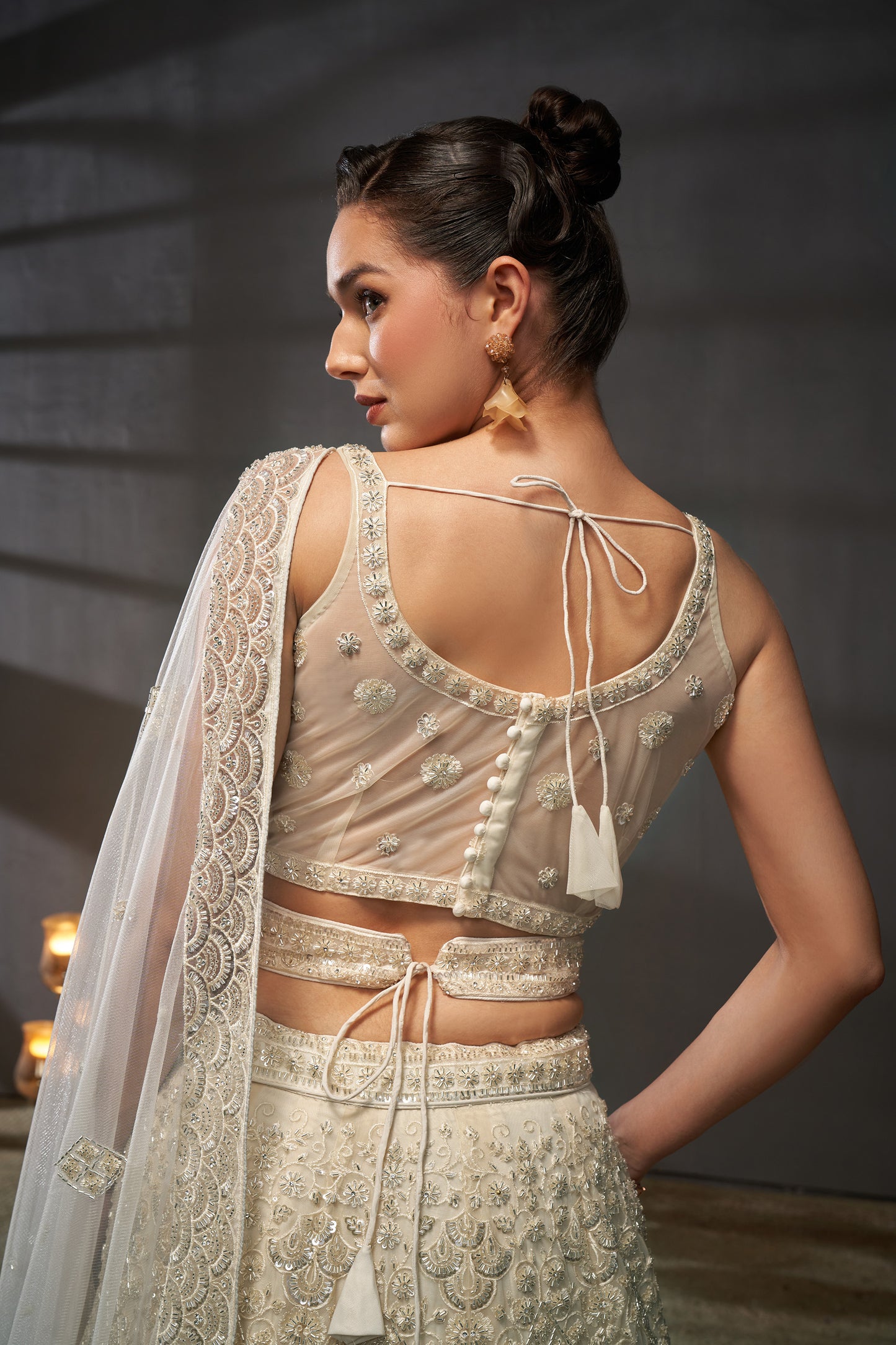 Cream Net Cutdana, Sequins and Zarkan embroidery Lehenga