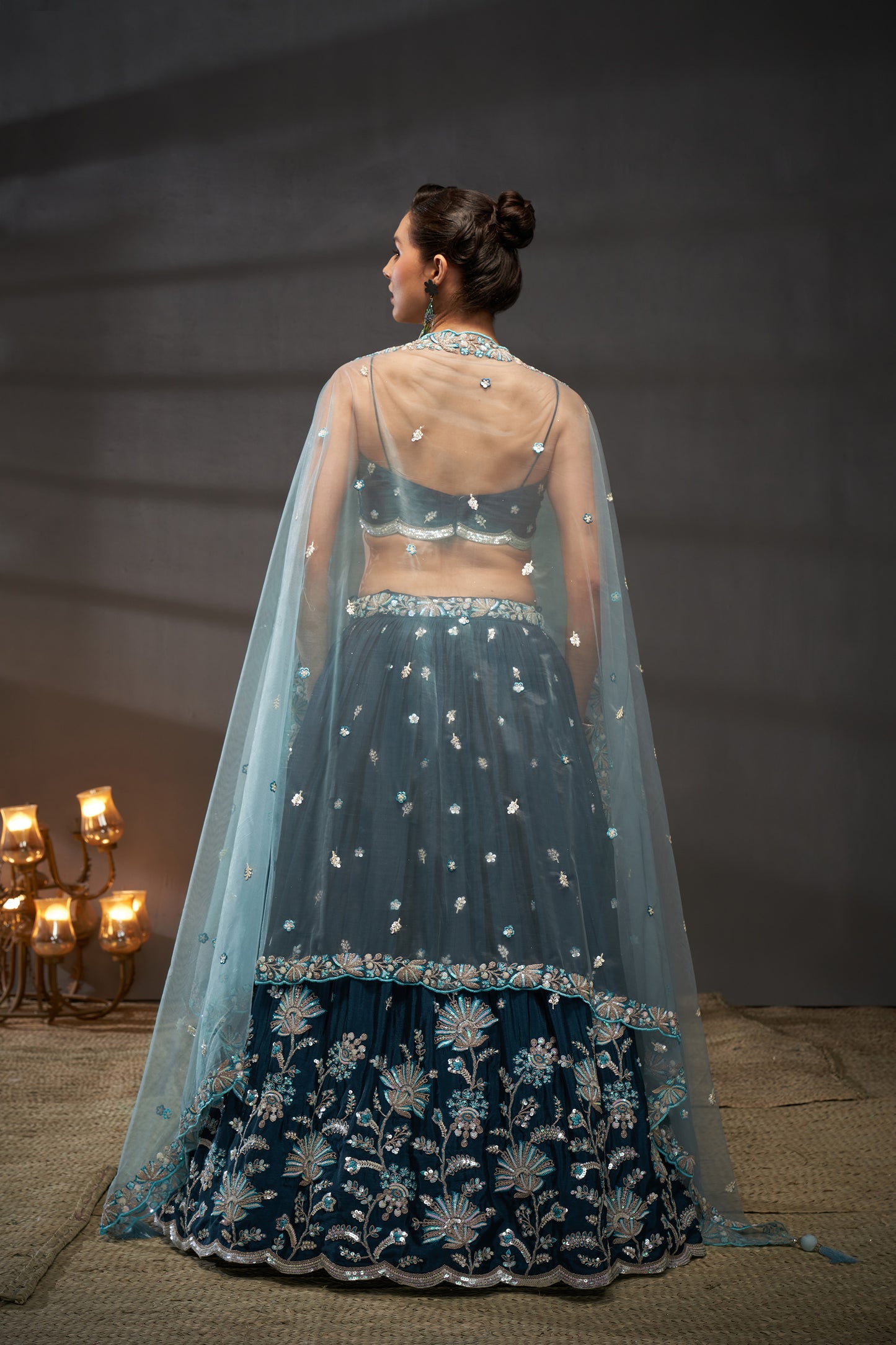 Teal Pure Chiffon Sequins embroidery Lehenga choli