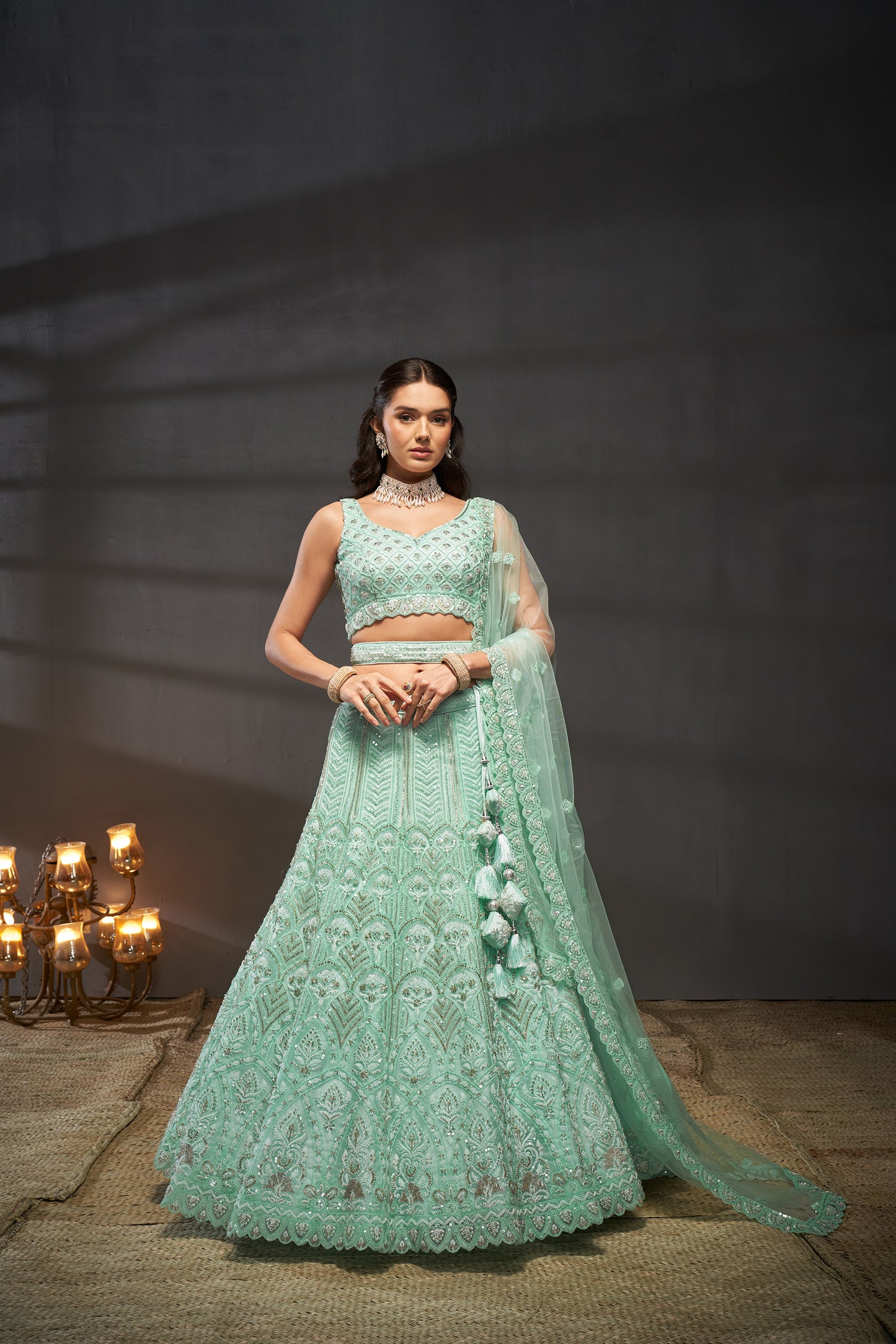 Turquoise blue Net Cutdana, Sequins and Zarkan embroidery Lehenga