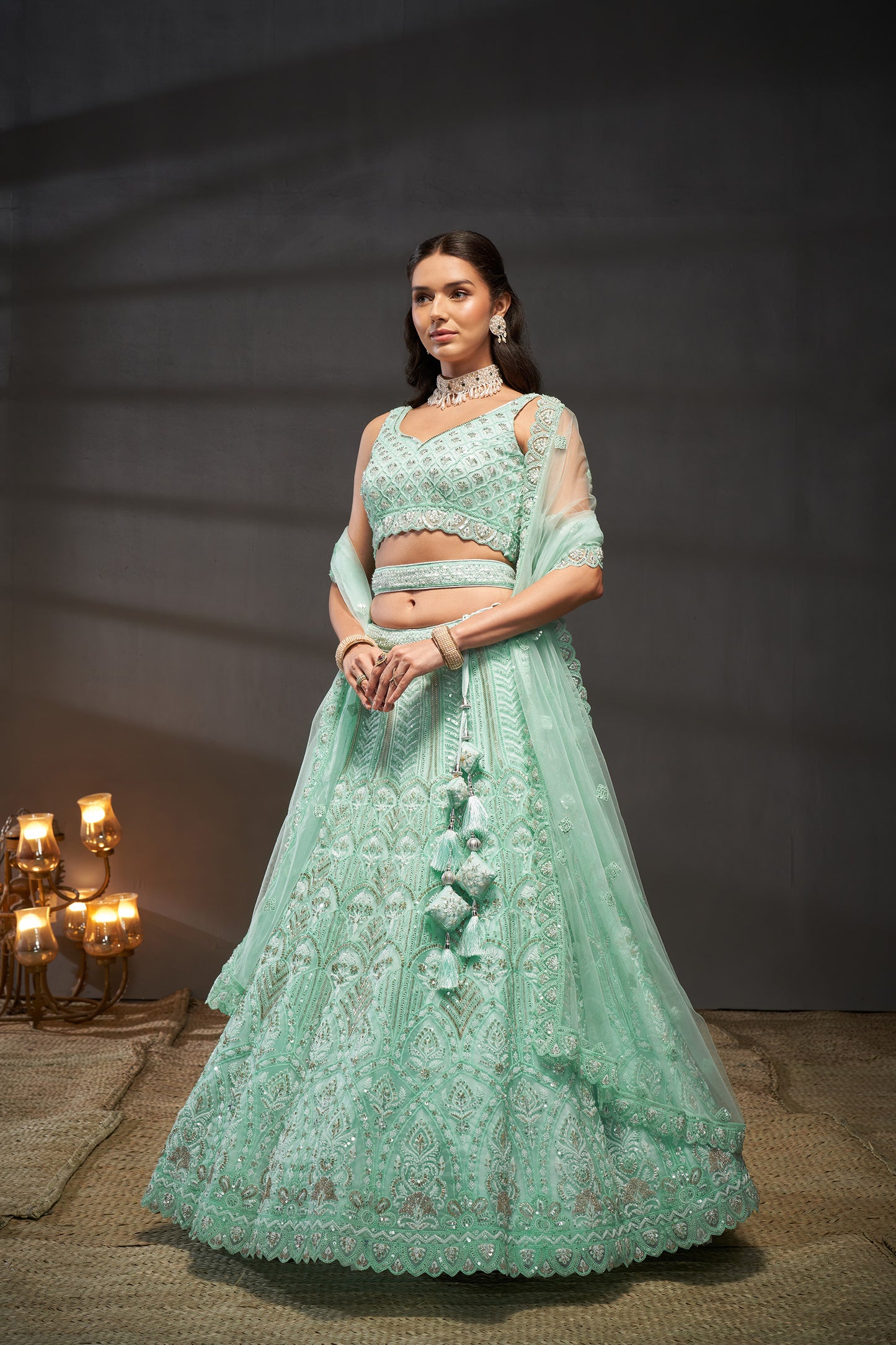 Turquoise blue Net Cutdana, Sequins and Zarkan embroidery Lehenga