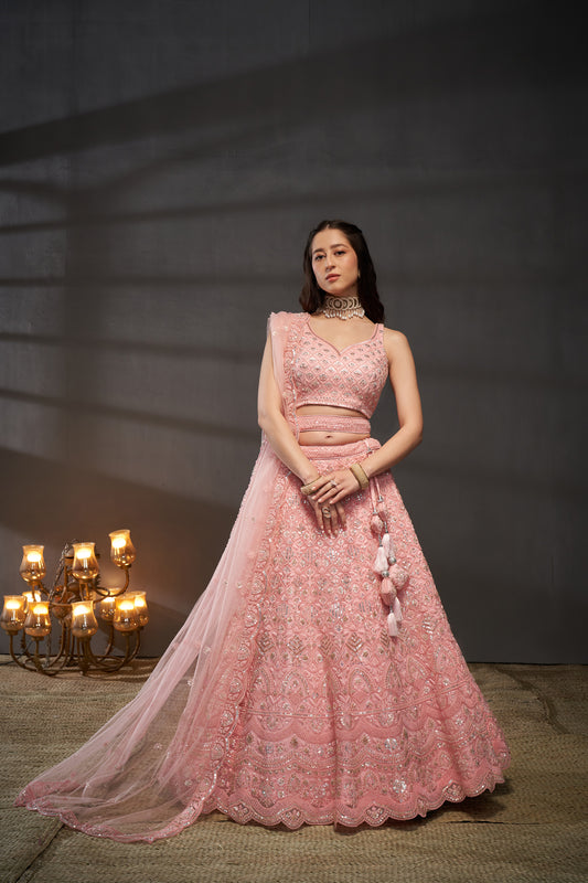 Pink Net Cutdana, Sequins and Zarkan embroidery Lehenga