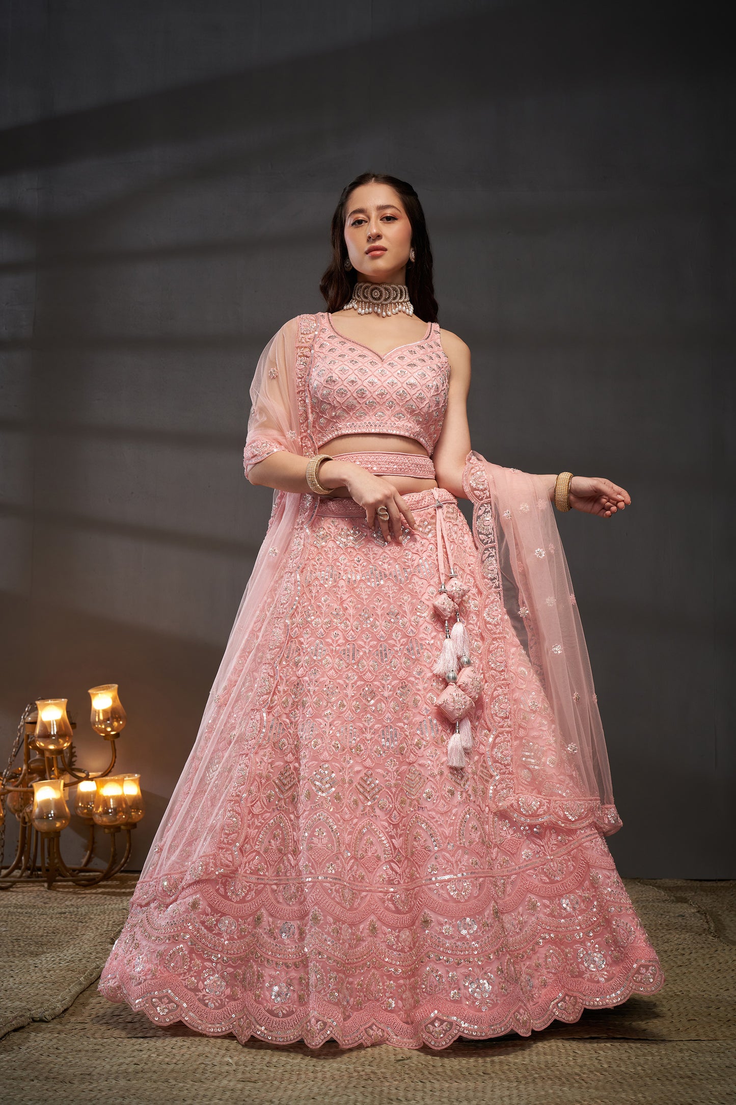 Pink Net Cutdana, Sequins and Zarkan embroidery Lehenga