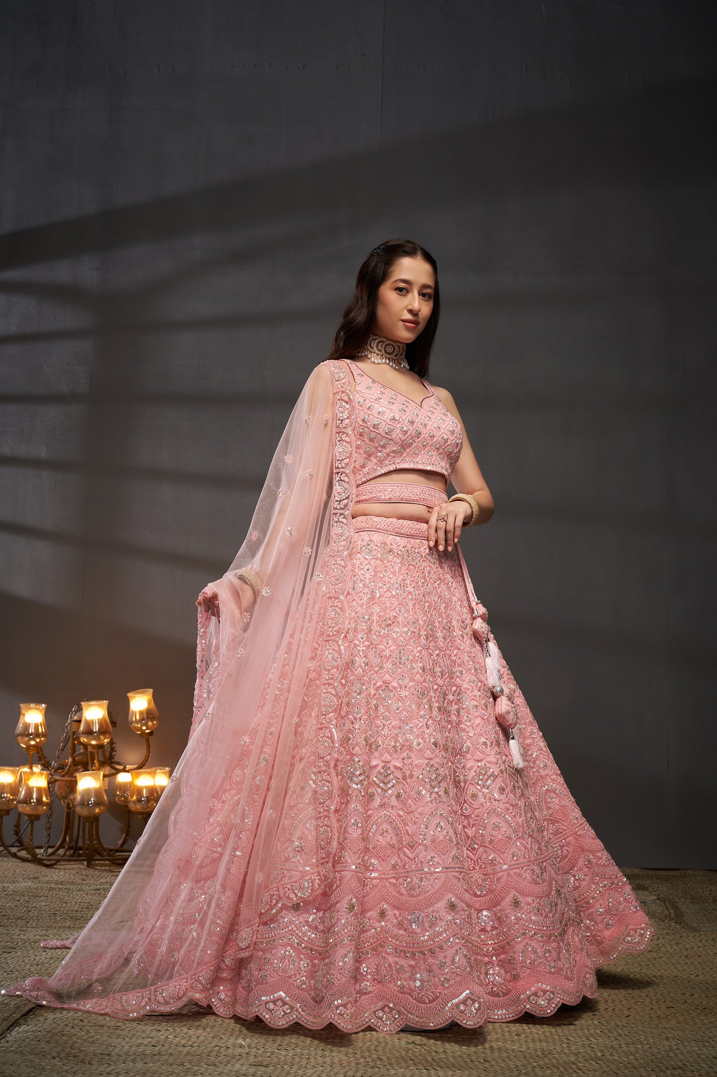 Pink Net Cutdana, Sequins and Zarkan embroidery Lehenga