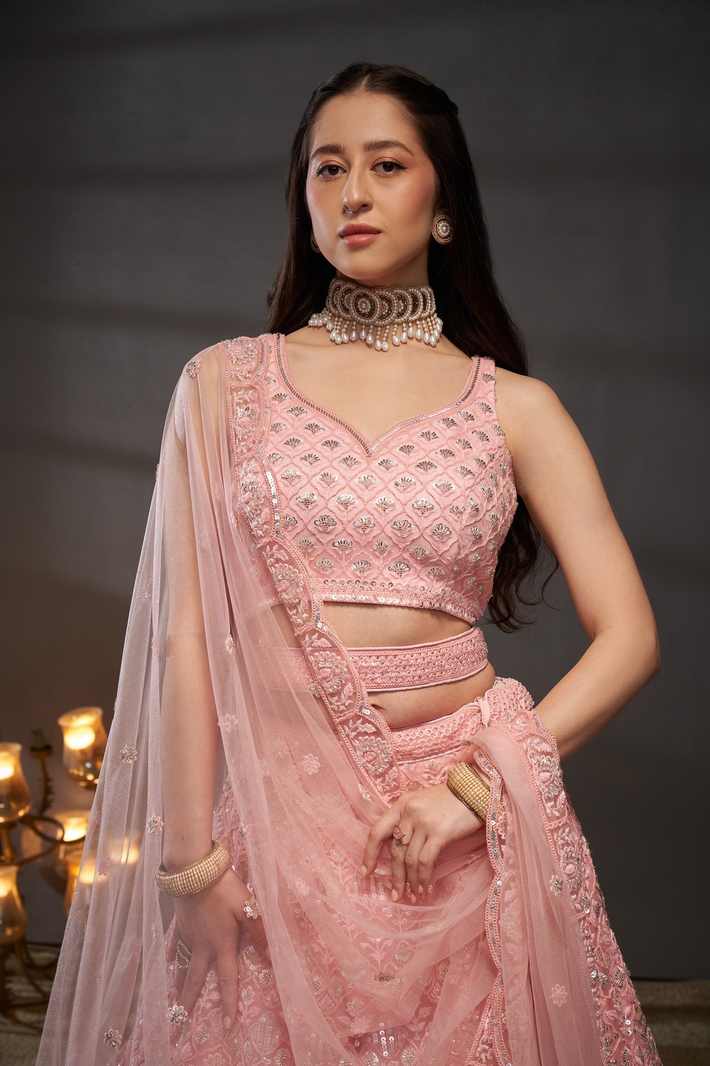 Pink Net Cutdana, Sequins and Zarkan embroidery Lehenga