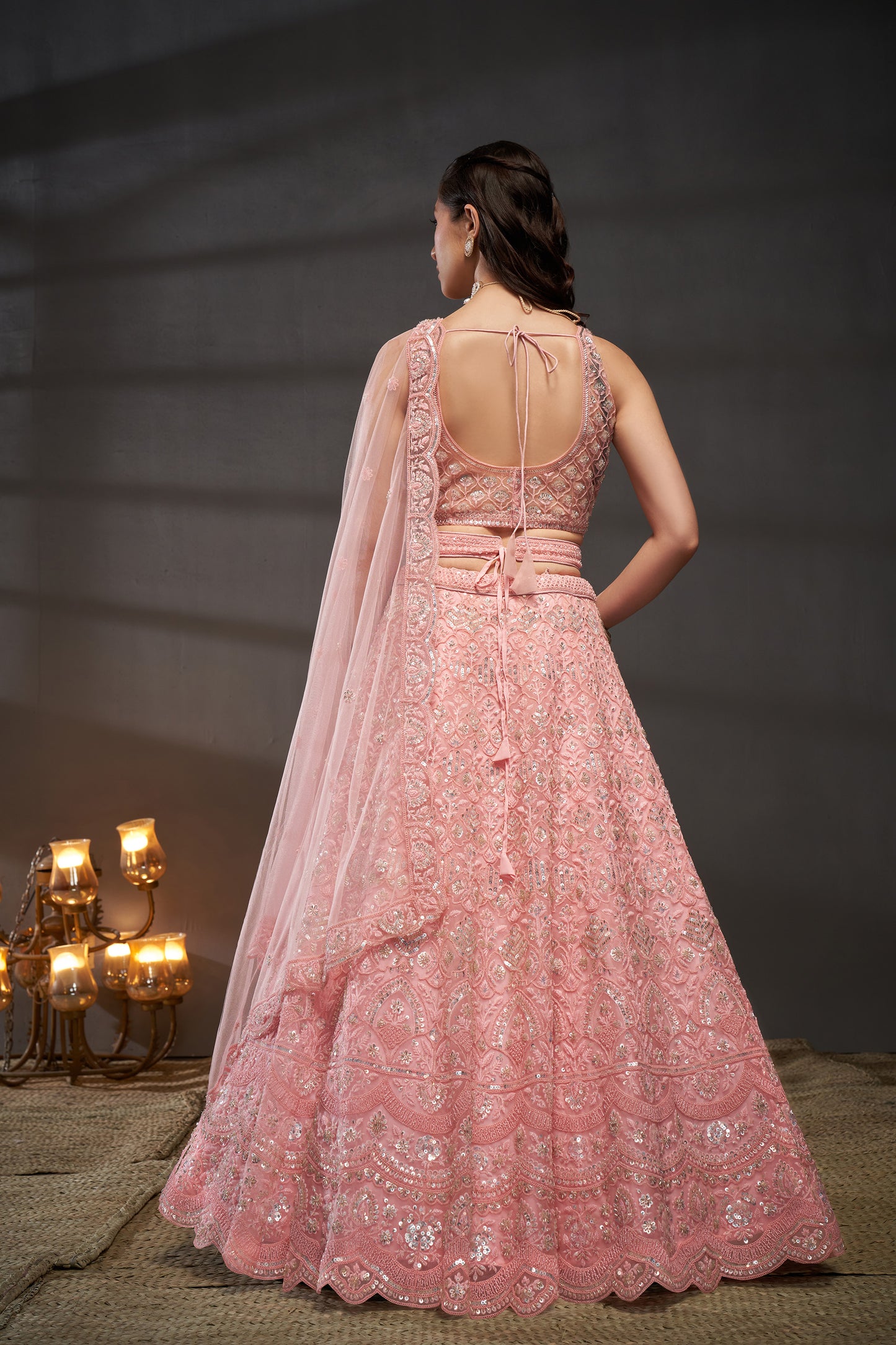 Pink Net Cutdana, Sequins and Zarkan embroidery Lehenga