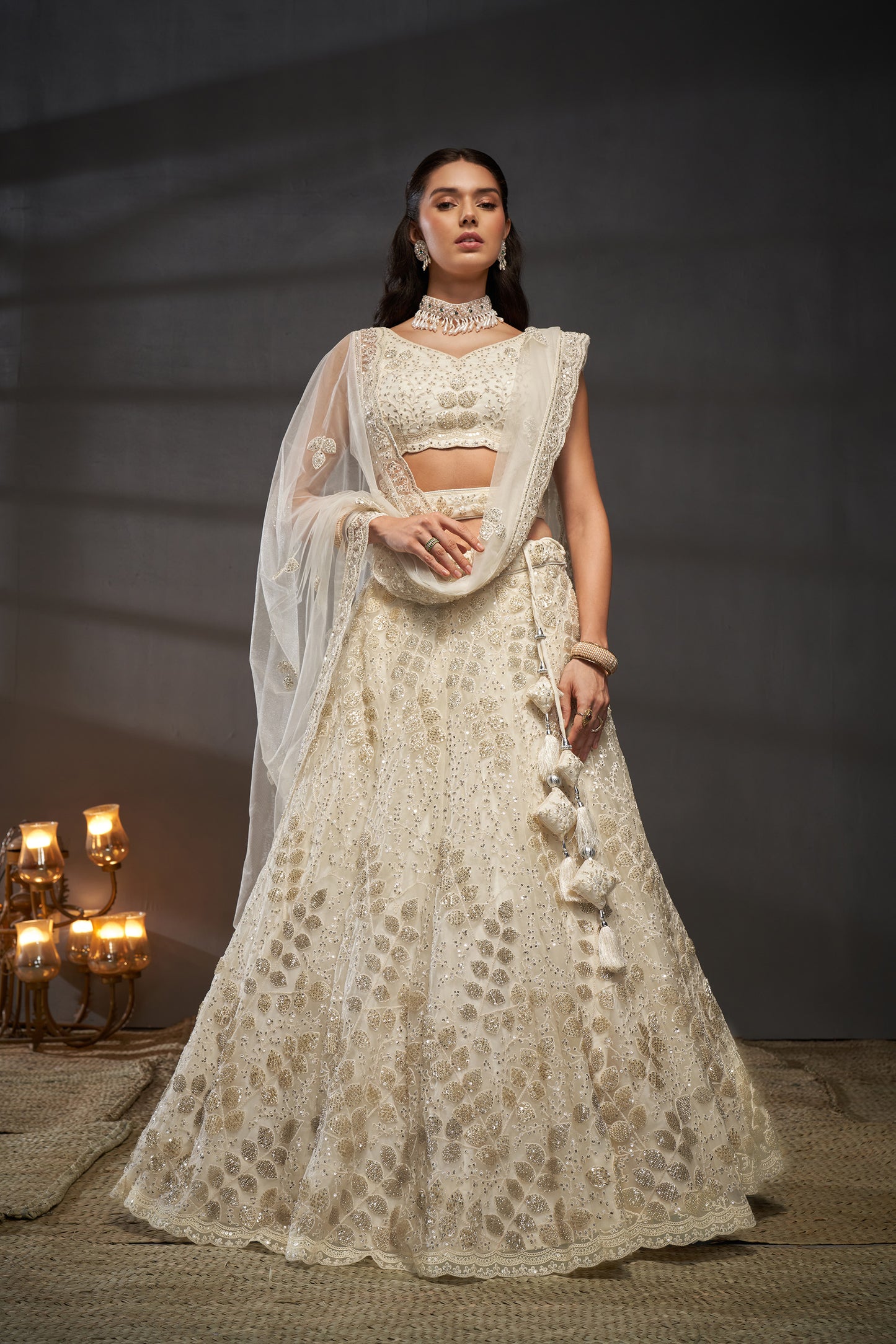 Cream Net Cutdana, Sequins and Zarkan embroidery Lehenga