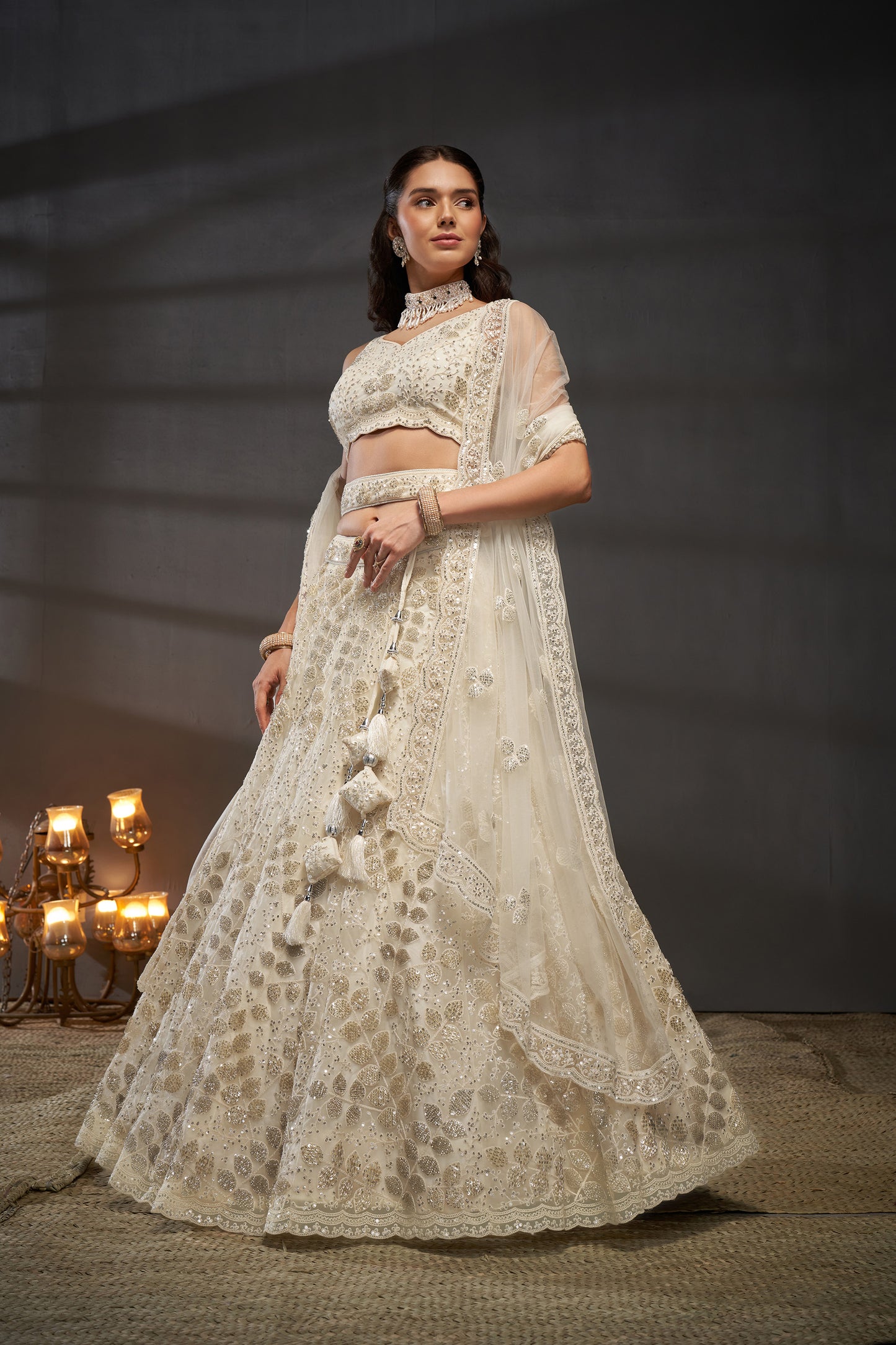 Cream Net Cutdana, Sequins and Zarkan embroidery Lehenga