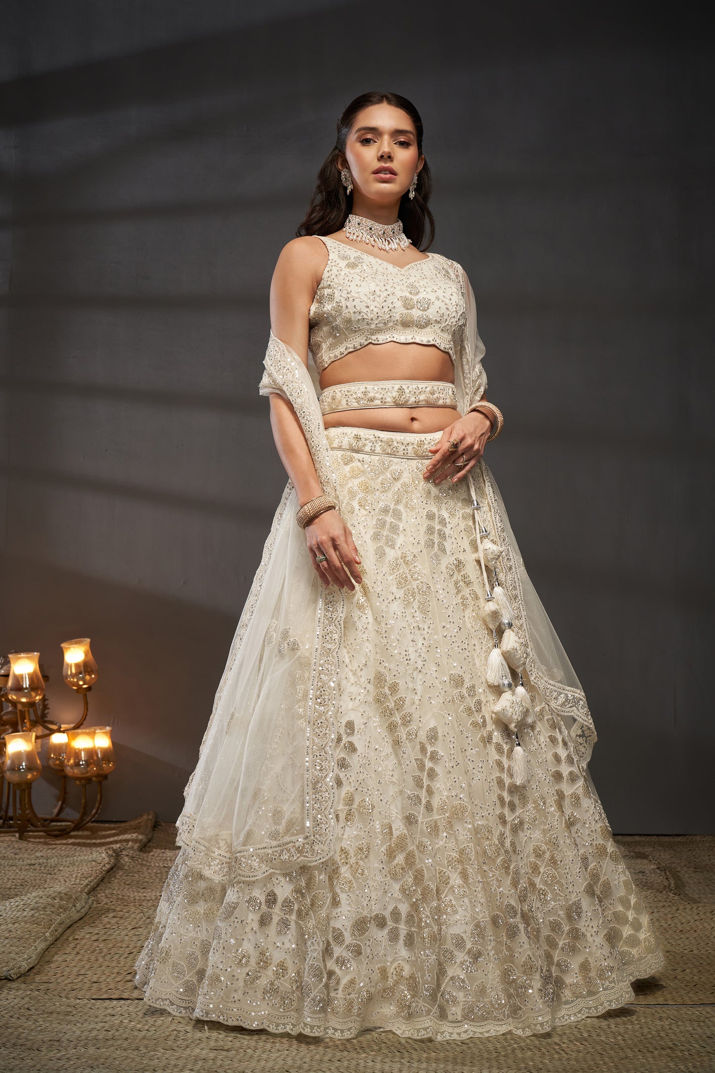 Cream Net Cutdana, Sequins and Zarkan embroidery Lehenga