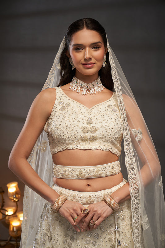 Cream Net Cutdana, Sequins and Zarkan embroidery Lehenga