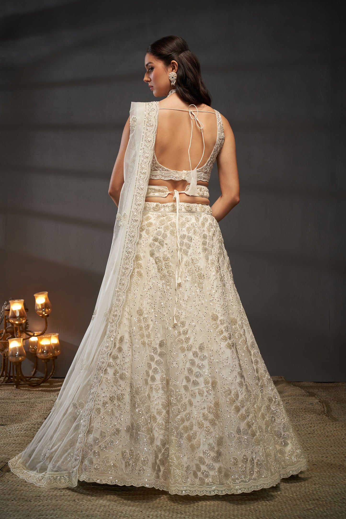 Cream Net Cutdana, Sequins and Zarkan embroidery Lehenga