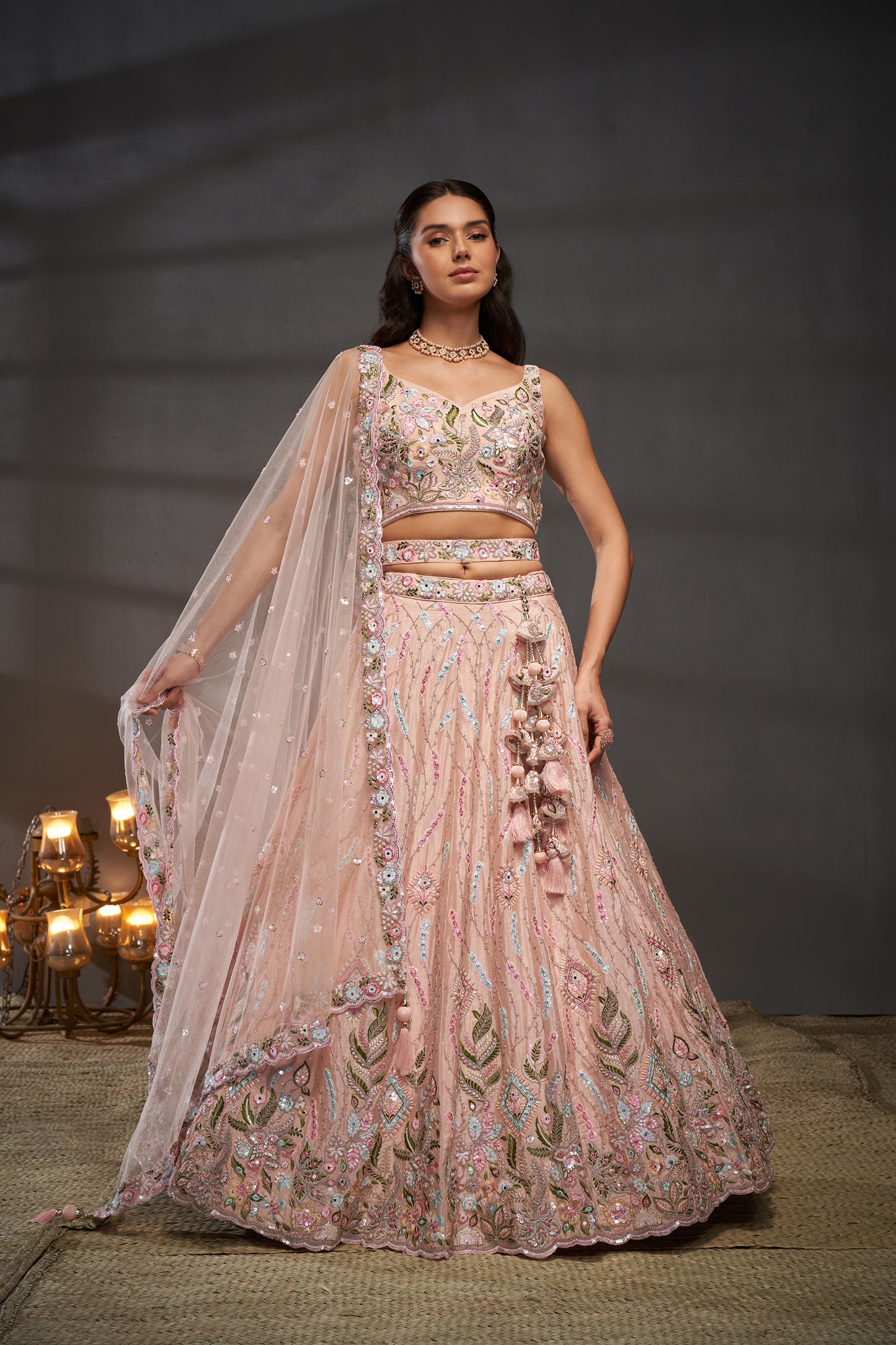 Peach Pure Chiffon Mirror Zarkan & heavy Sequin embroidery Bridal Lehenga choli