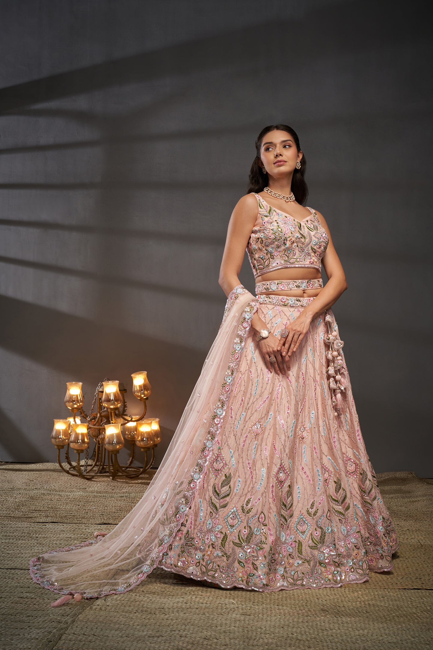 Peach Pure Chiffon Mirror Zarkan & heavy Sequin embroidery Bridal Lehenga choli